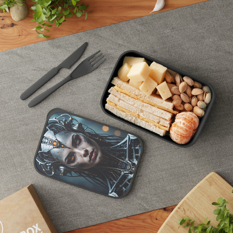 a black bento lunch box filled with food with robot design