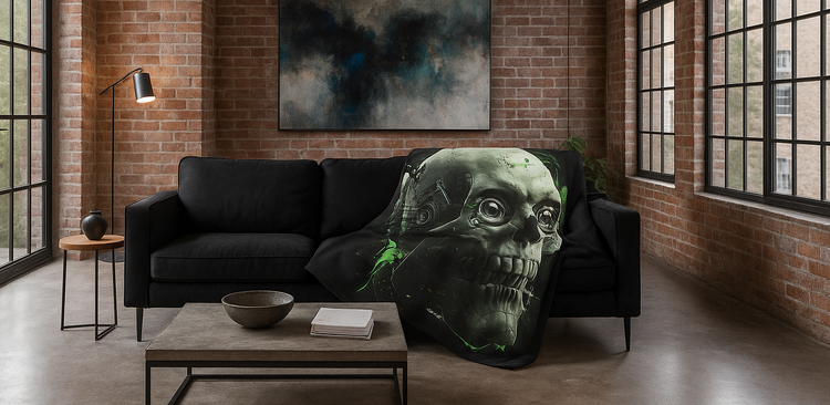 Skull blanket draped organically on a black sofa in an industrial modern loft living room. Features include exposed brick walls, black steel window frames, concrete floors, a striking modern chandelier, and ample natural light from large windows.