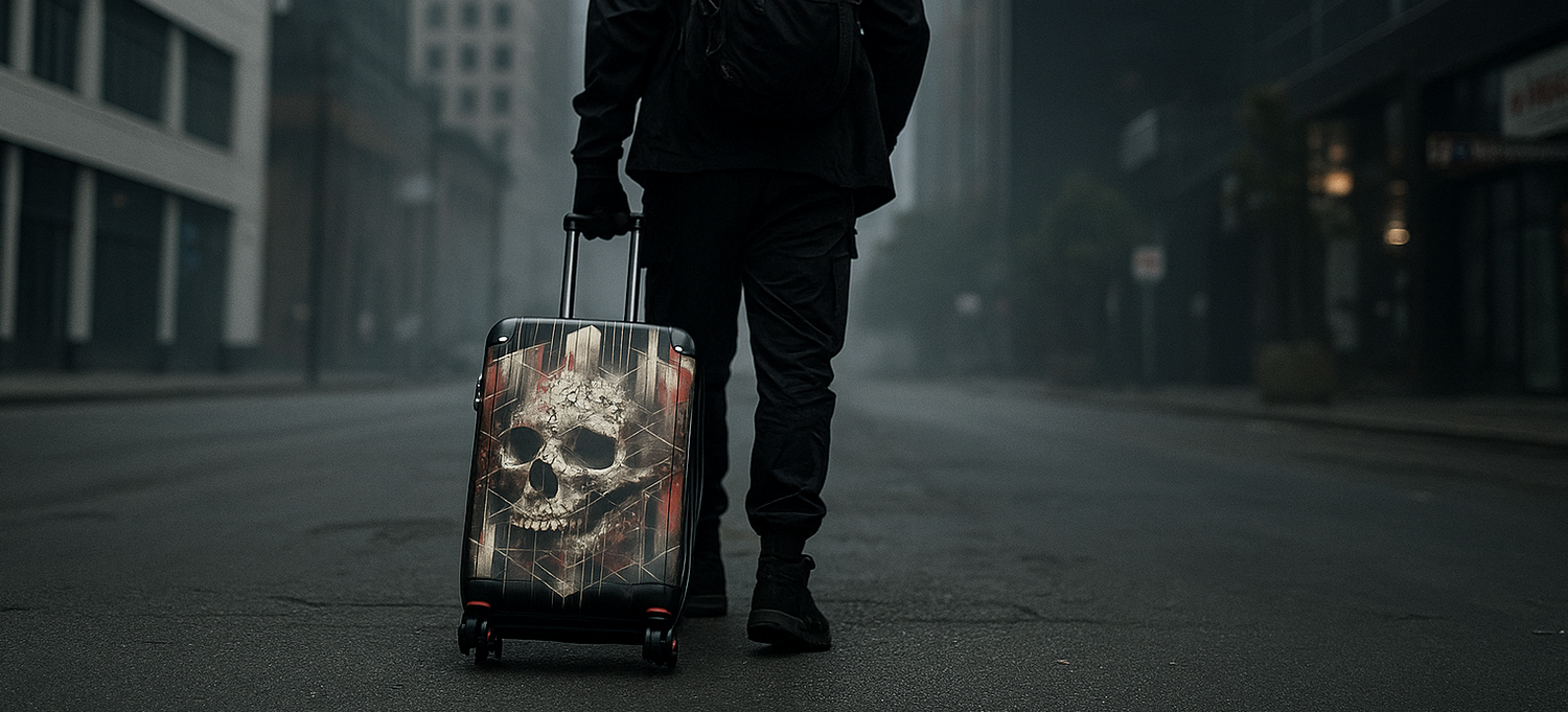 Man in a lonely city, holding luggage with a cyberpunk skull design.