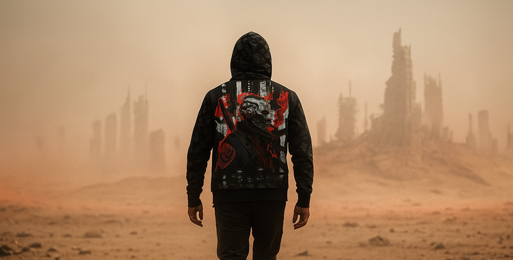 Man wearing an edgy graphic hoodie walking in a dystopian desert