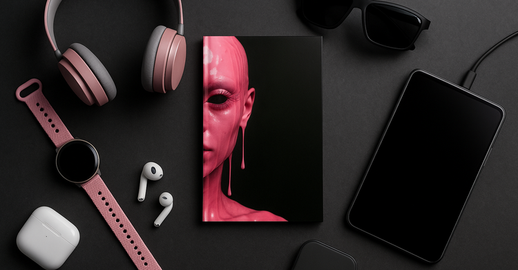 Hardback journal with a unique design of creature covered in pink latex on the desk with devices
