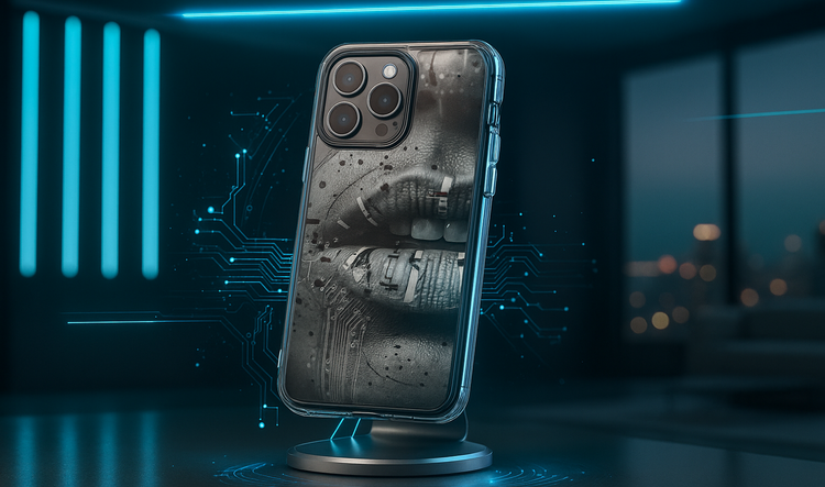Phone case with a unique cyber design cover in a futuristic apartment with lights and holograms