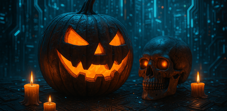 Halloween Jack-o'-lantern pumpking with skull and candles in a cyber style