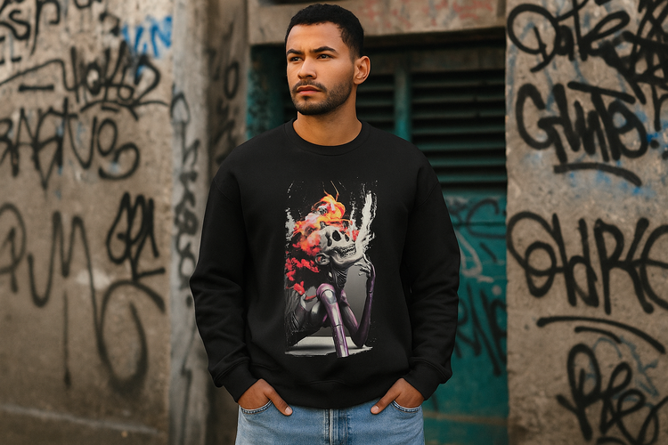 young man wearing an edgy design sweatshirt