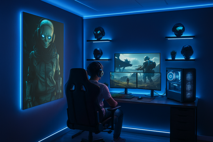 cyber canvas on a wall in game room with neon light