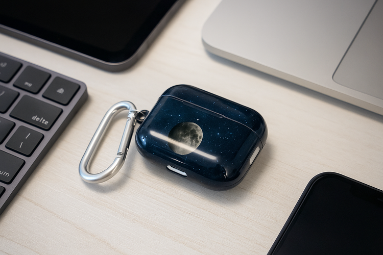 airpod case with moon and cosmic background on a desk