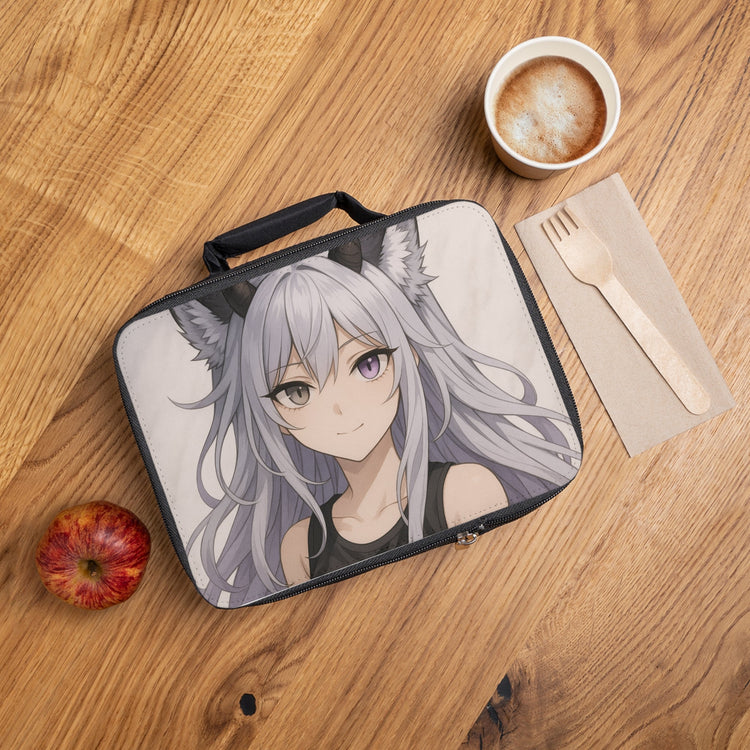 Anime style print on a lunch bag on a desk