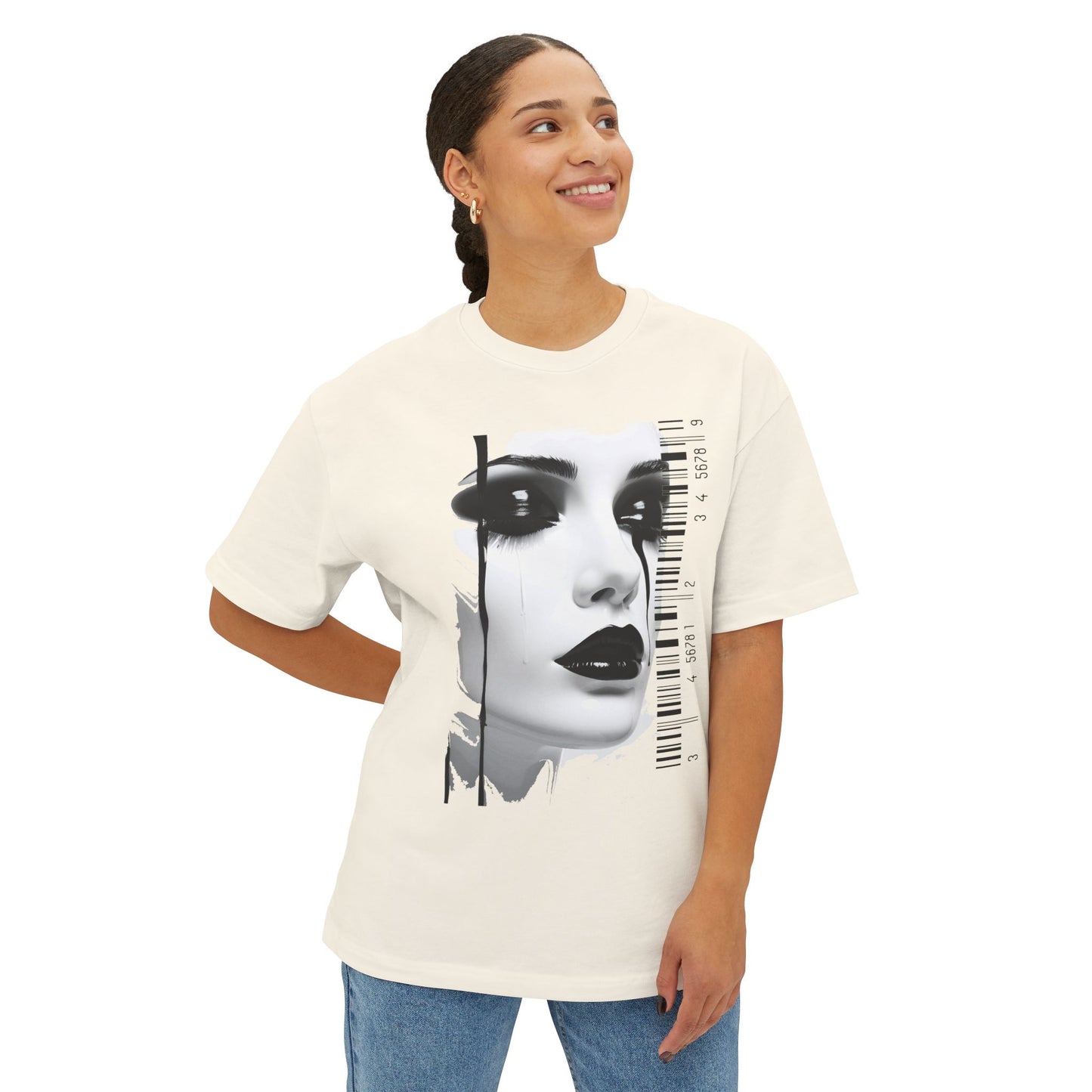 Chic Art Print Boxy Tee, Oversized Graphic T-Shirt, Fashionable Streetwear Top, Unique Women’s Cotton Tee, Casual Everyday Wear