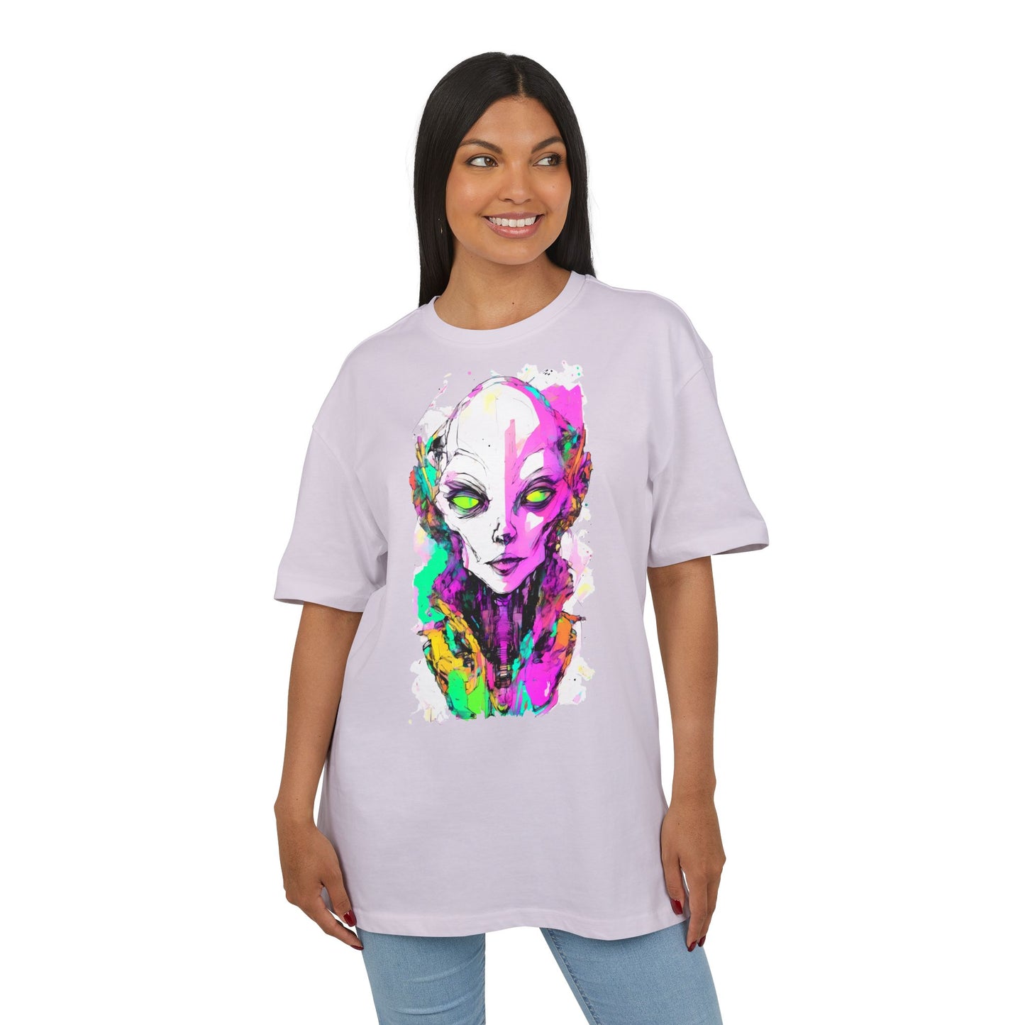 Colorful Alien Graphic Unisex Heavy Oversize Tee | Casual Streetwear, Gift for UFO Enthusiasts, Statement Tee, Festival Wear, Unique Art Tee