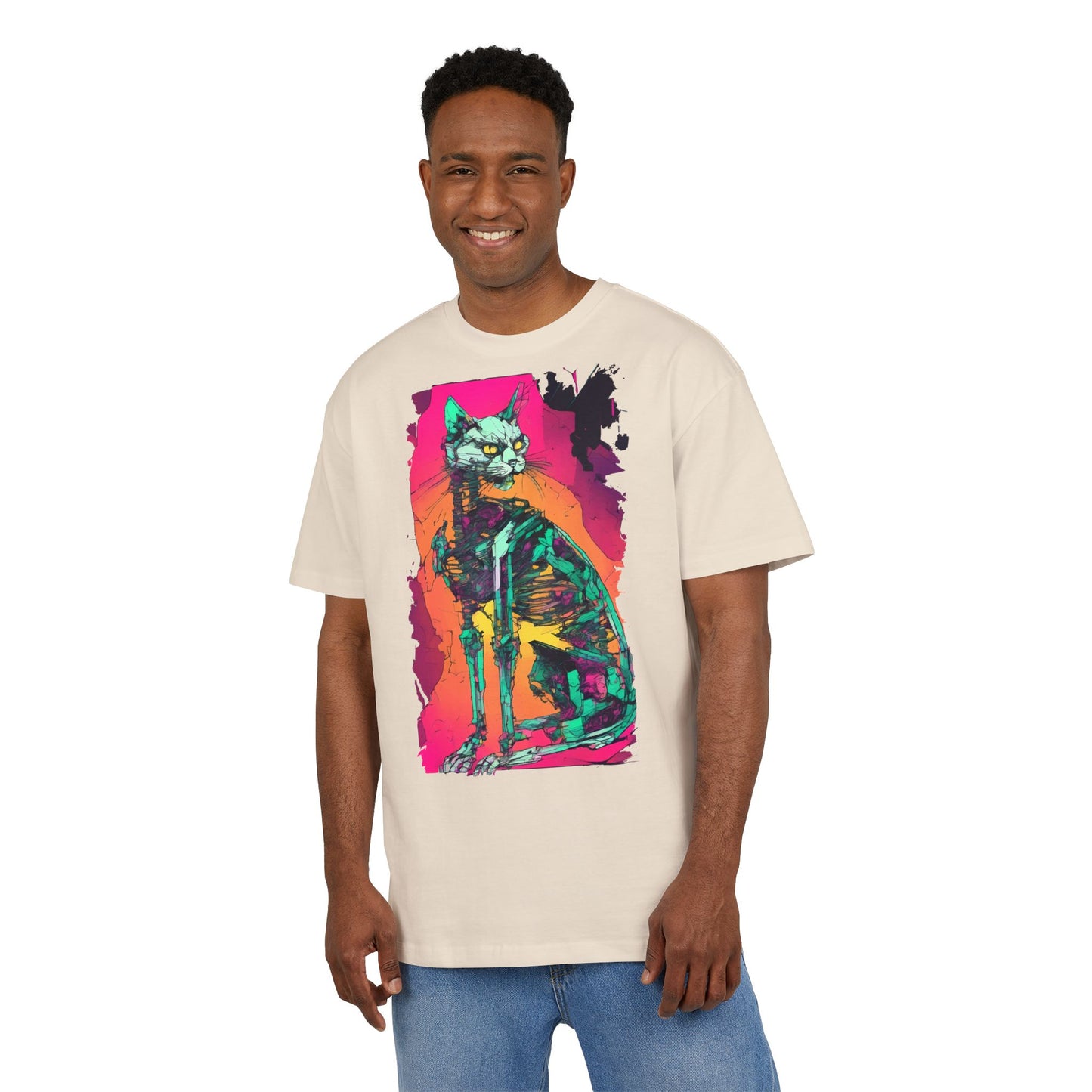 Vibrant Cat Art Tee, Unisex Oversized T-Shirt, Colorful Pet Lover Gift, Unique Graphic Shirt, Casual Everyday Wear