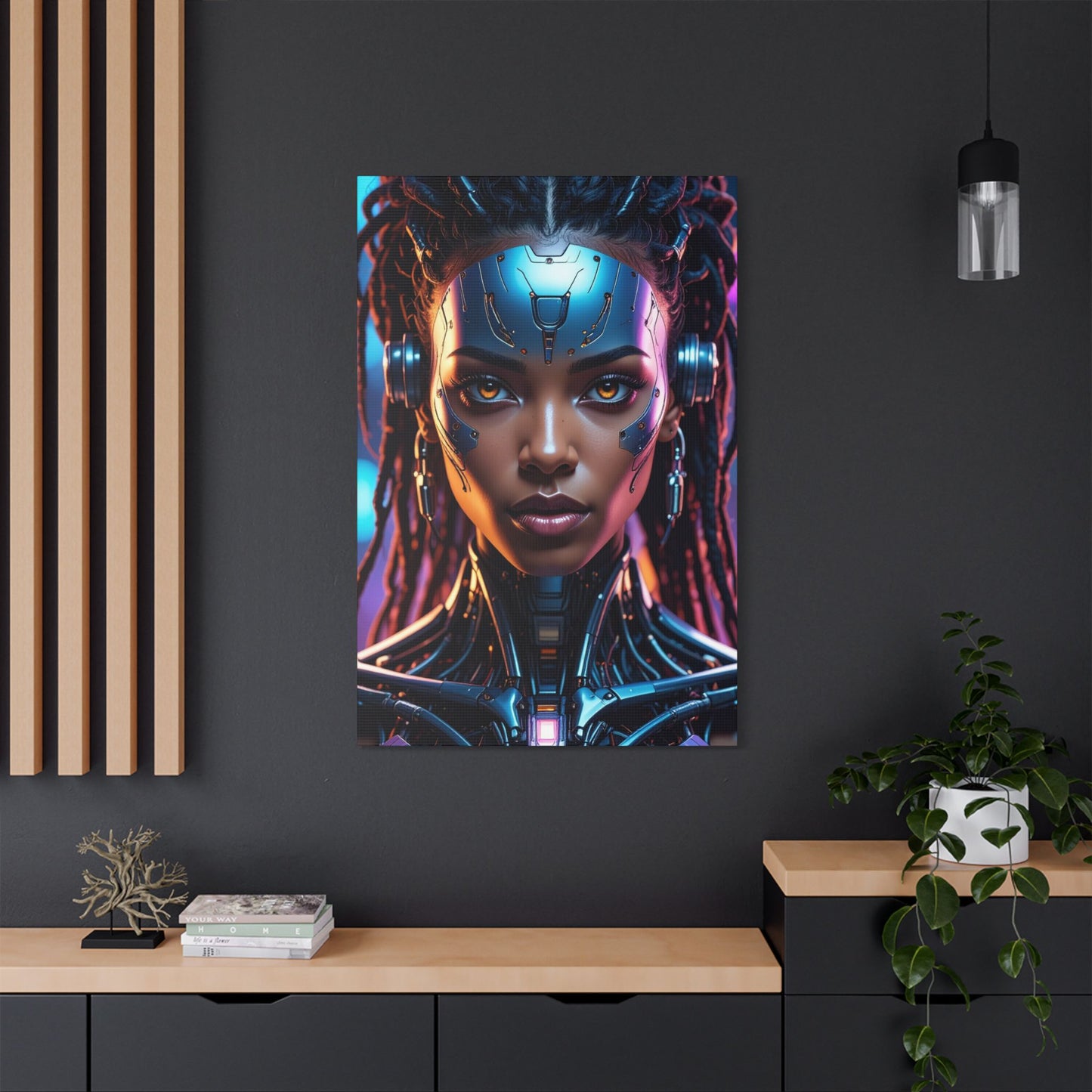 Satin Canvas Wall Art, Futuristic Female Portrait, Sci-Fi Decor, Cyberpunk Artwork, Geek Home Decor, Gift for Tech Lovers