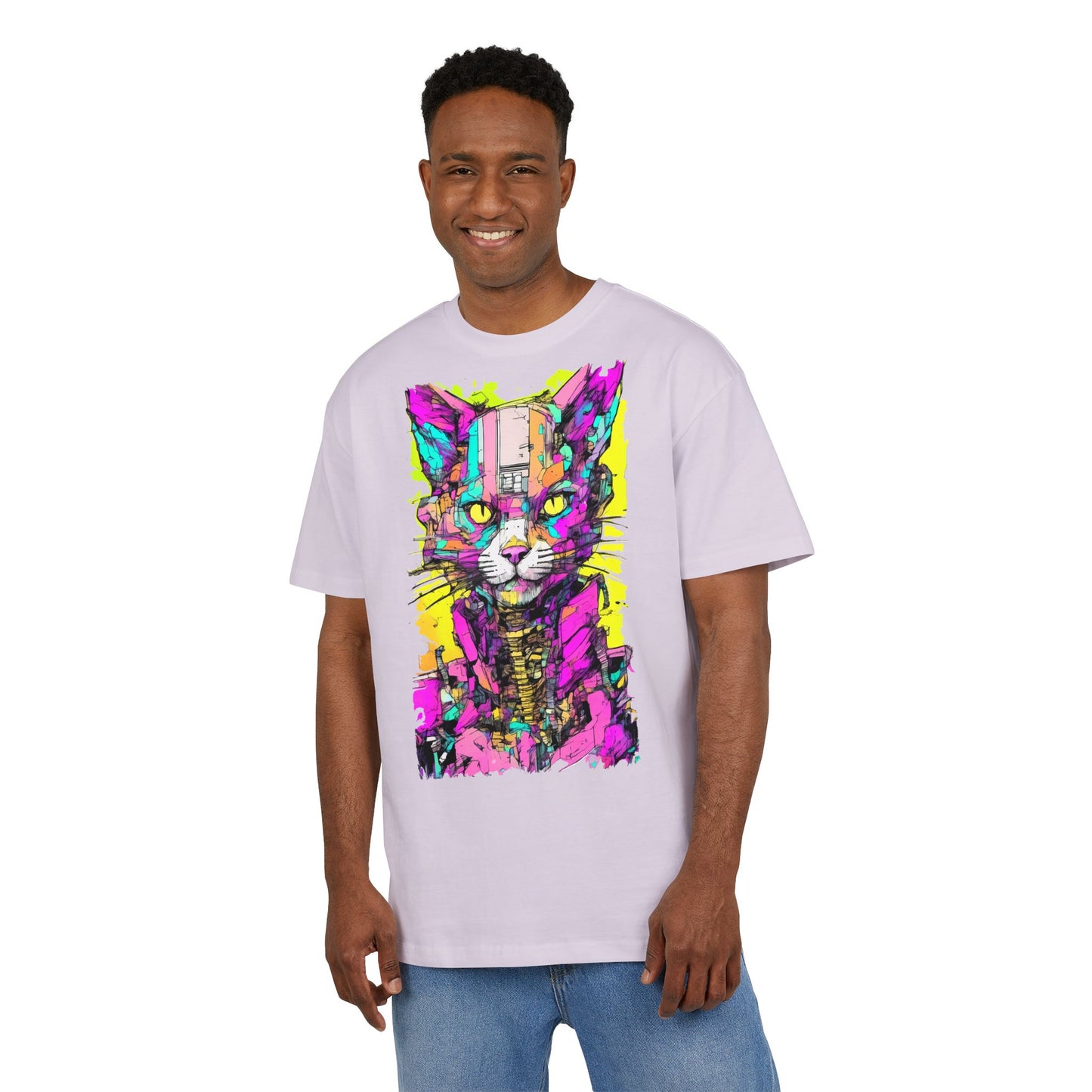 Colorful Cat Graphic Tee, Unisex Heavy Oversize T-Shirt, Funky Cat Art Shirt, Gift for Cat Lovers, Unique Casual Wear