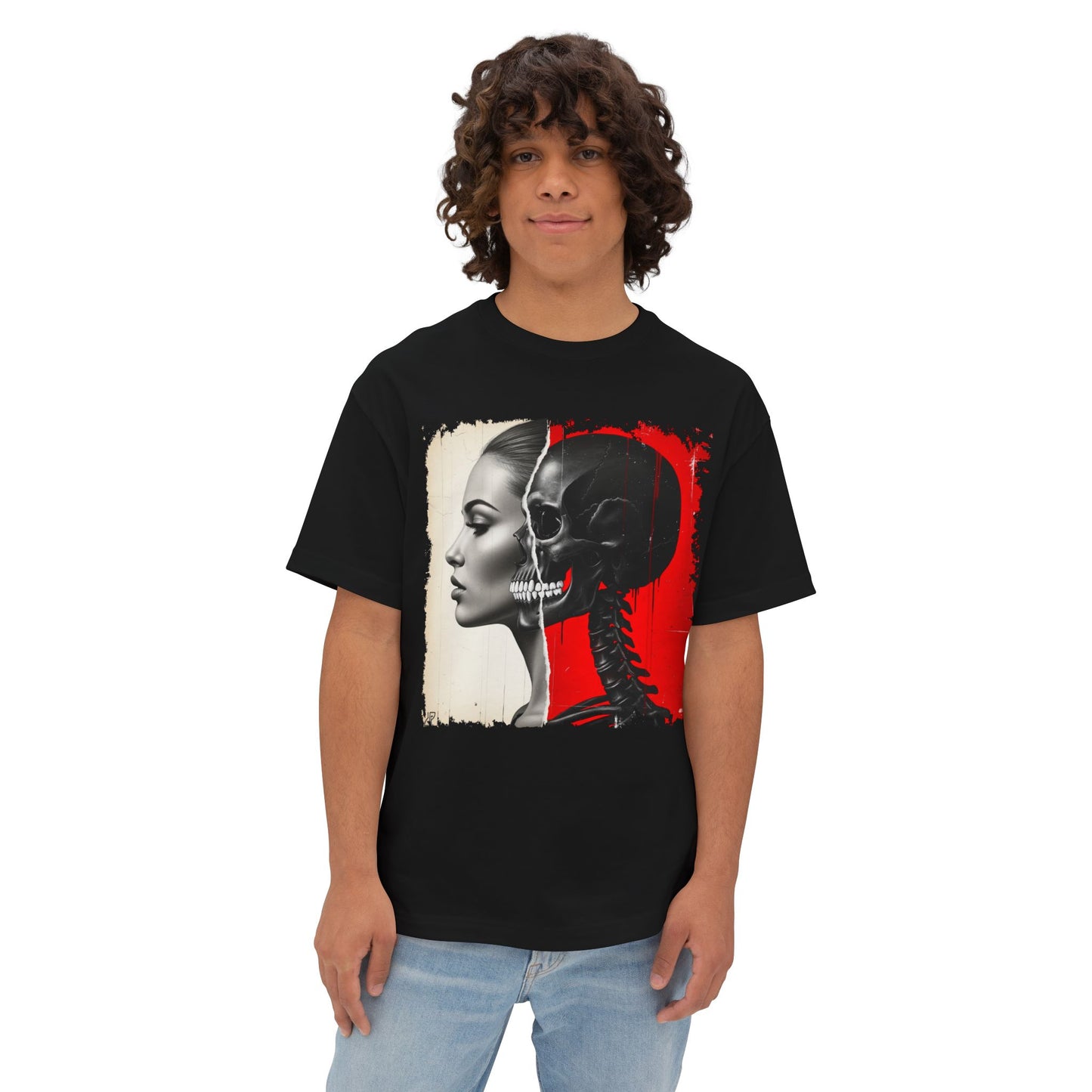 Artistic Unisex Oversized Tee - Skeleton & Profile Design, Graphic Tee for Casual Style, Unique Gift for Art Lovers, Streetwear