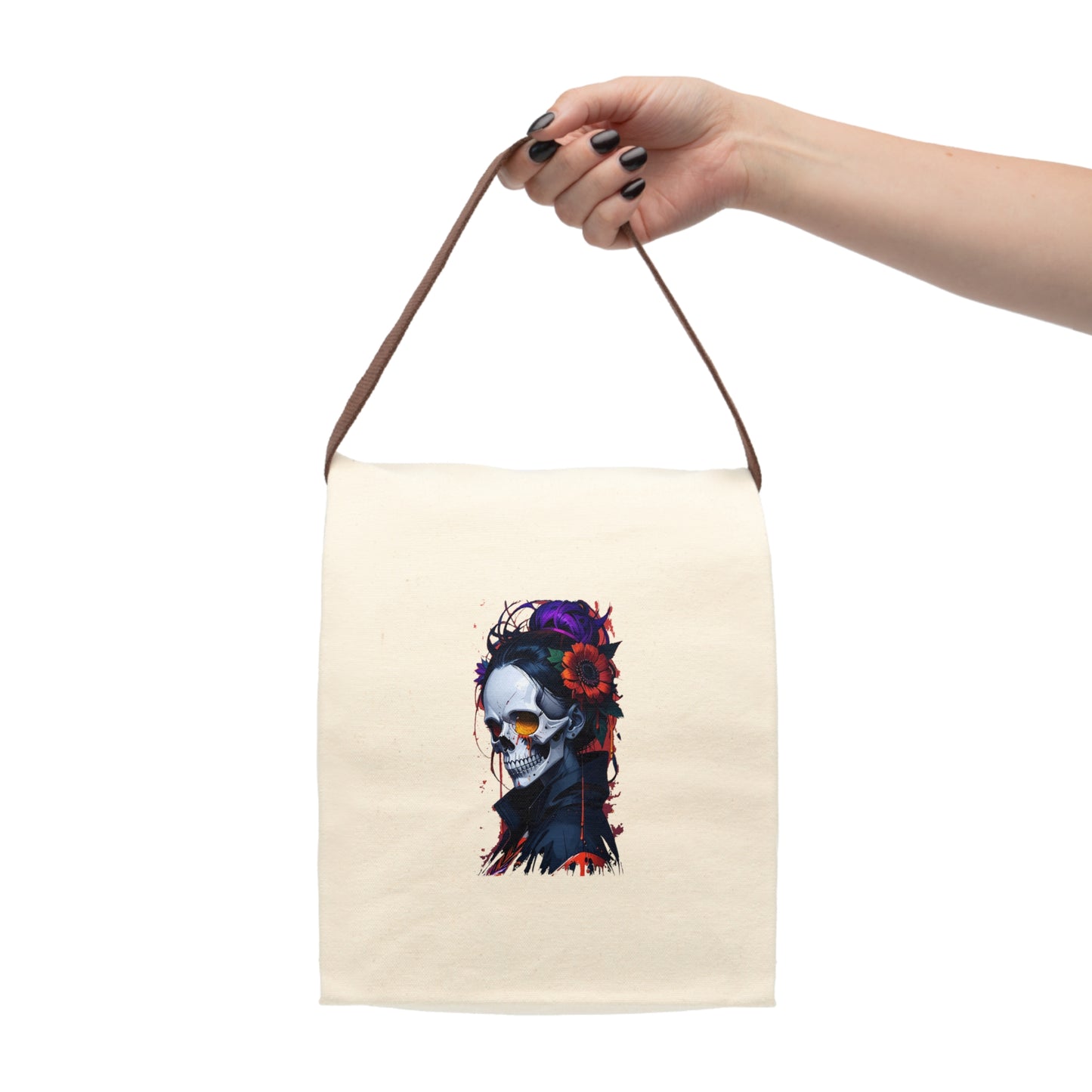 Skull and Flower Canvas Lunch Bag | Eco-Friendly Tote, Gift for Goths, Unique School Bag, Halloween Decor, Reusable Snack Cooler
