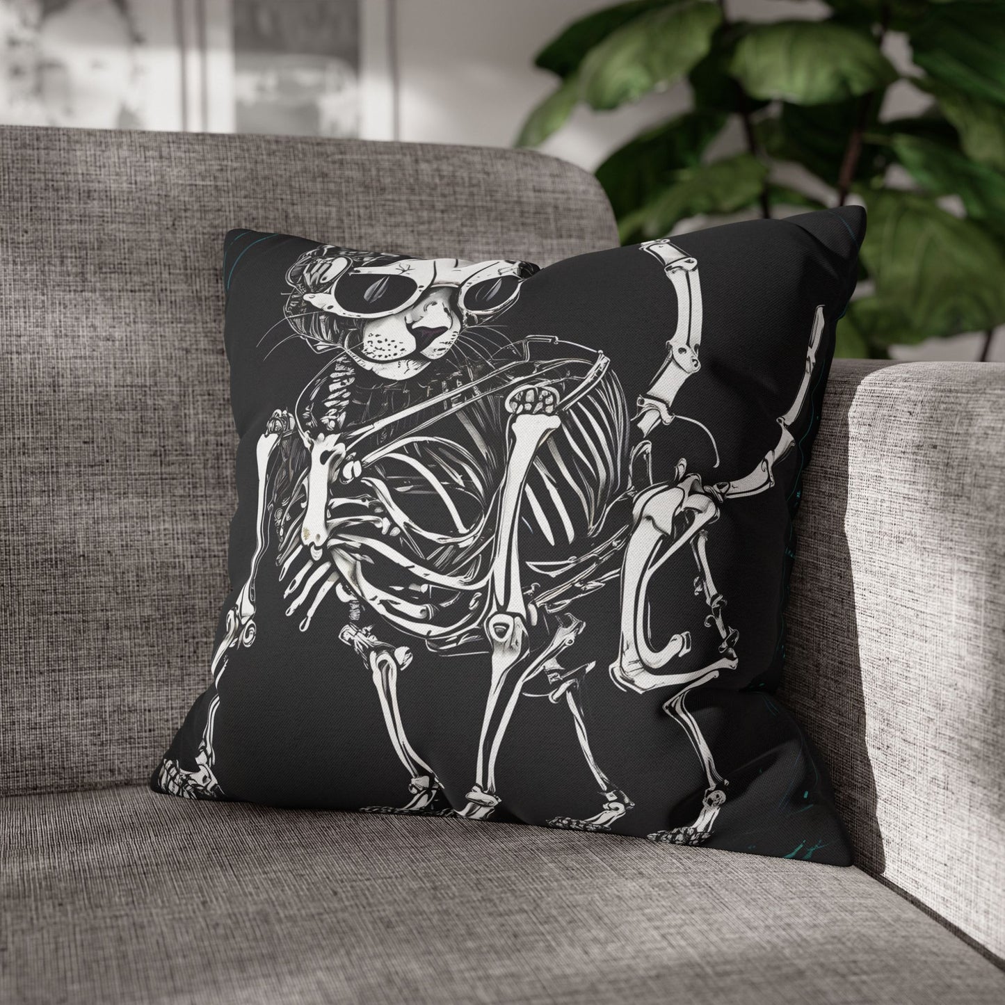 Square Pillowcase with Edgy Skeleton Cat Design