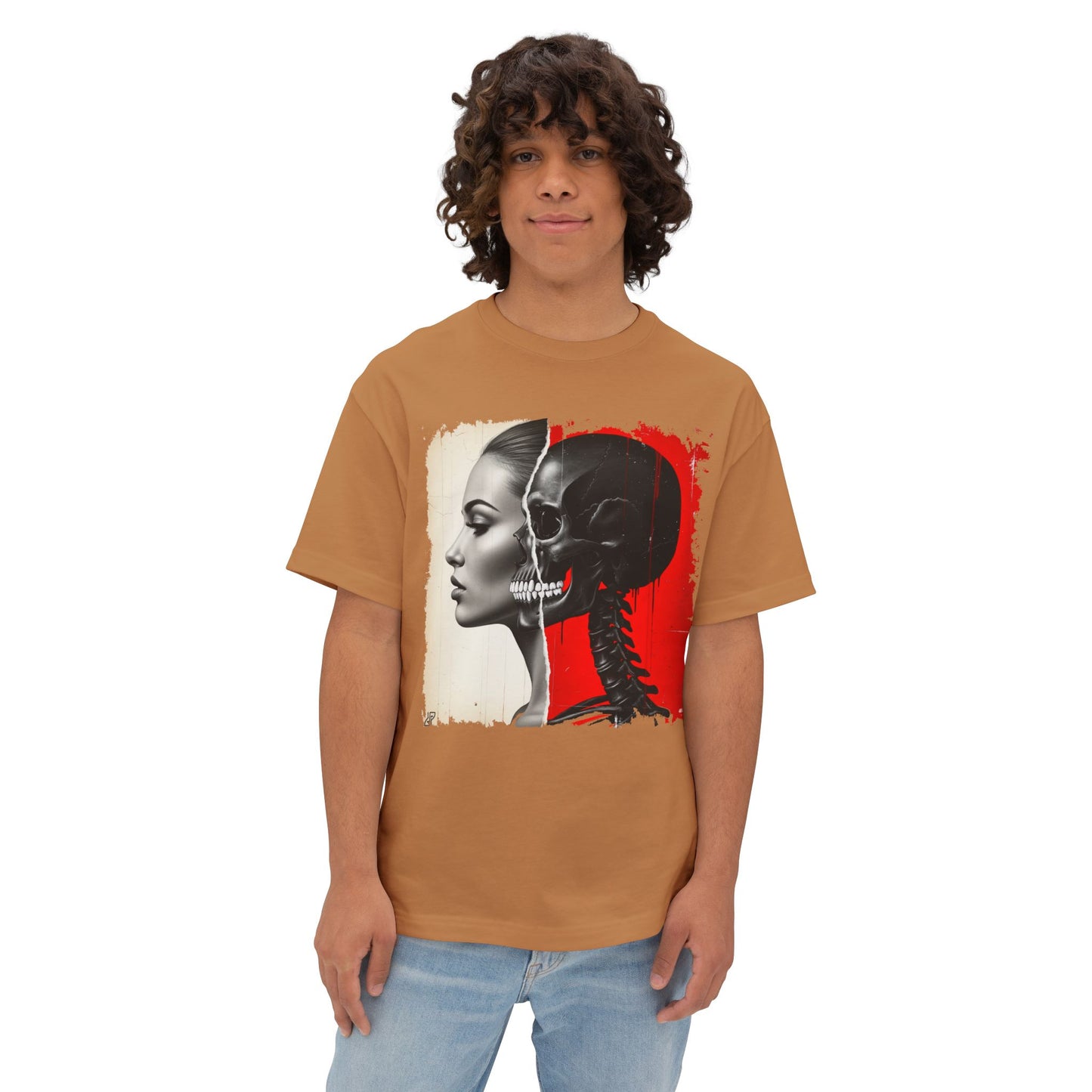 Artistic Unisex Oversized Tee - Skeleton & Profile Design, Graphic Tee for Casual Style, Unique Gift for Art Lovers, Streetwear