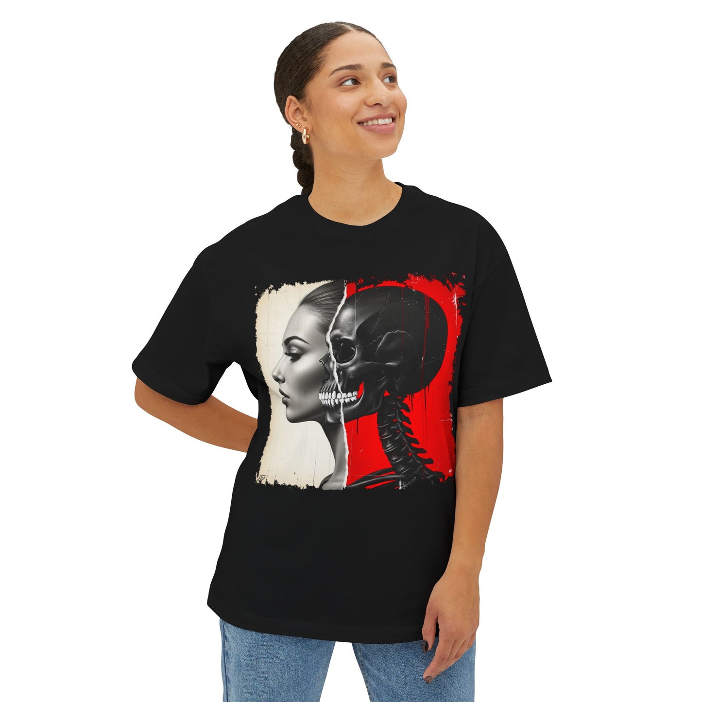 Artistic Unisex Oversized Tee - Skeleton & Profile Design, Graphic Tee for Casual Style, Unique Gift for Art Lovers, Streetwear