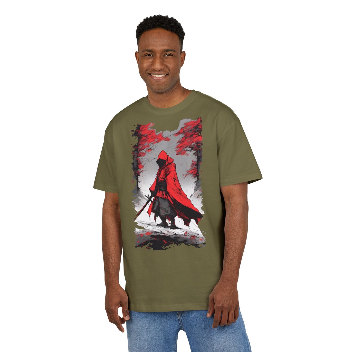 Stylish Unisex Heavy Oversize Tee - Red Hooded Figure Design, Graphic Tee, Casual Wear, Streetwear, Gifts for Men and Women
