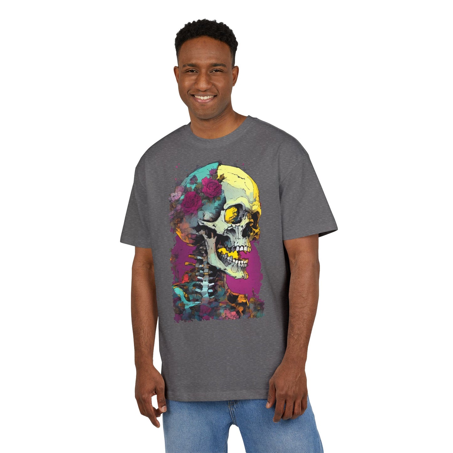 Colorful Skull Oversize Tee, Unisex Graphic Shirt, Edgy Streetwear, Casual Summer Top, Halloween Costume, Gift for Art Lovers