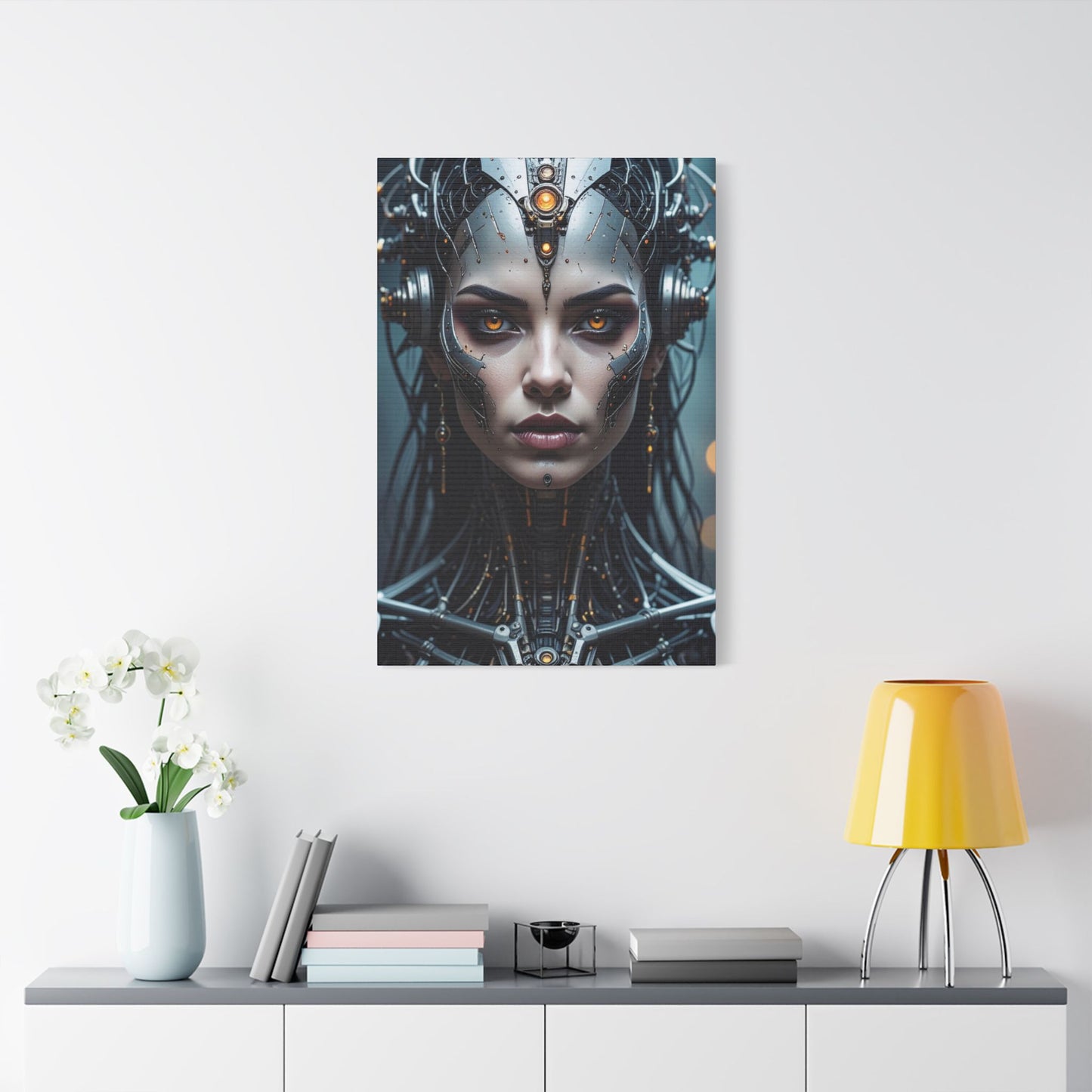 Futuristic Stretched Canvas Art, Cyberpunk Wall Décor, Unique Home Decor, Robot Portrait, Gothic Art Giveaway
