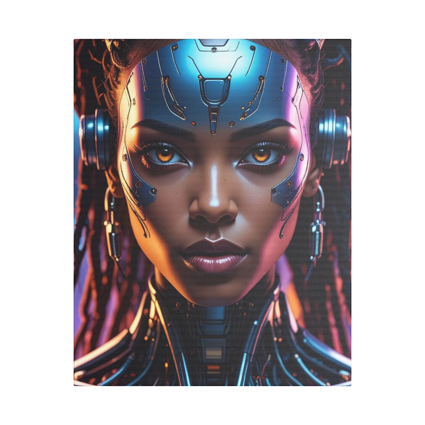 Satin Canvas Wall Art, Futuristic Female Portrait, Sci-Fi Decor, Cyberpunk Artwork, Geek Home Decor, Gift for Tech Lovers