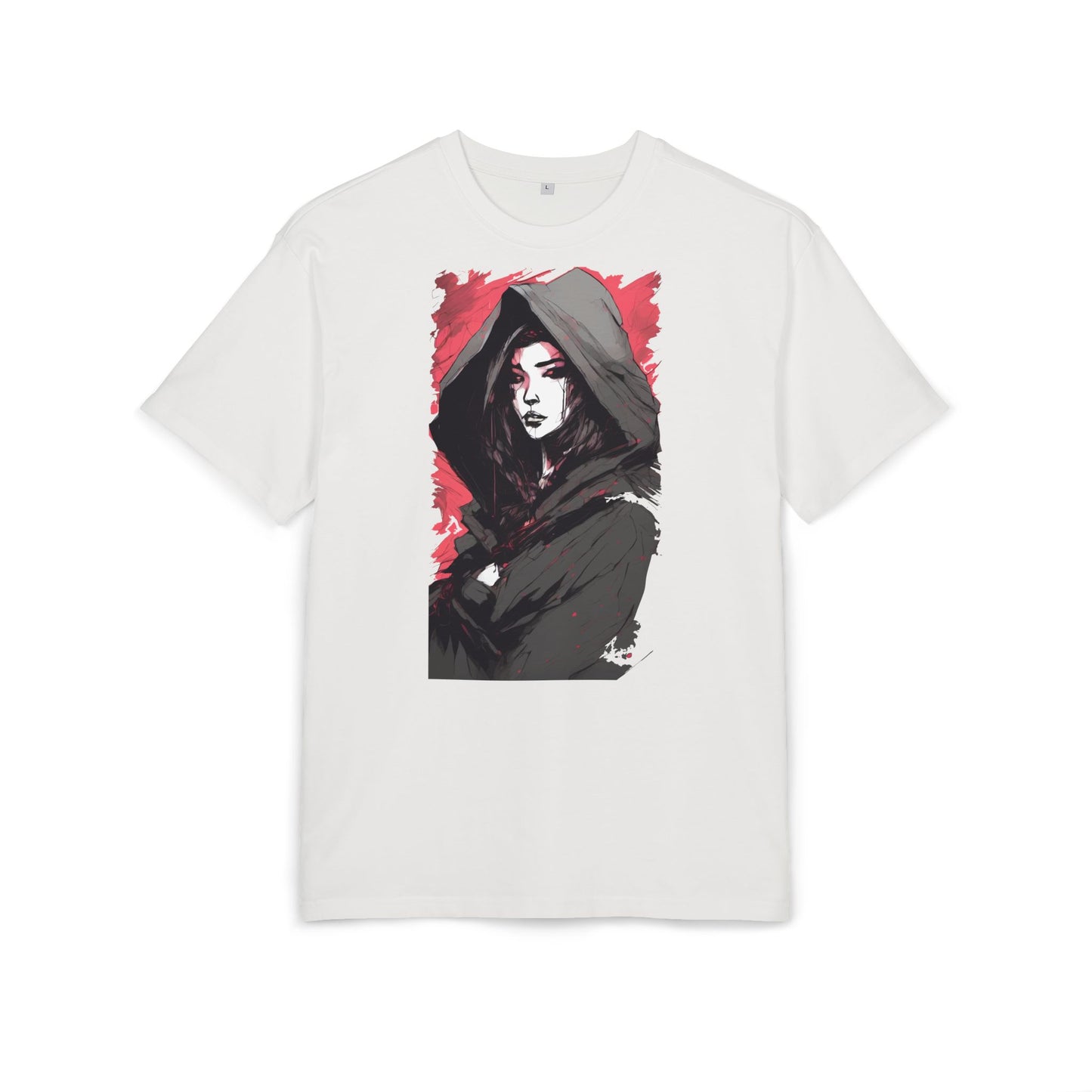 Artistic Oversize Tee with Hooded Character Design, Unisex Streetwear, Graphic Tee, Casual Wear, Unique Gift, Fashion Statement