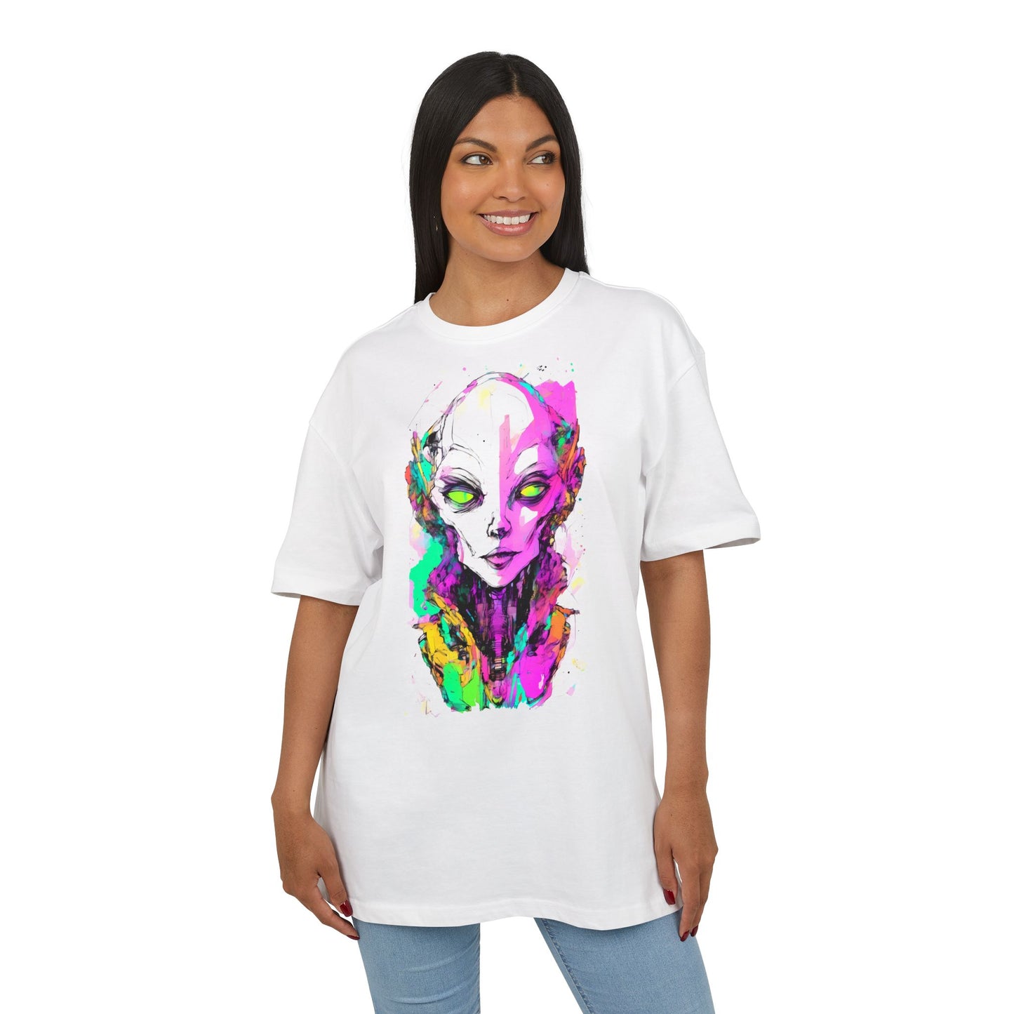 Colorful Alien Graphic Unisex Heavy Oversize Tee | Casual Streetwear, Gift for UFO Enthusiasts, Statement Tee, Festival Wear, Unique Art Tee