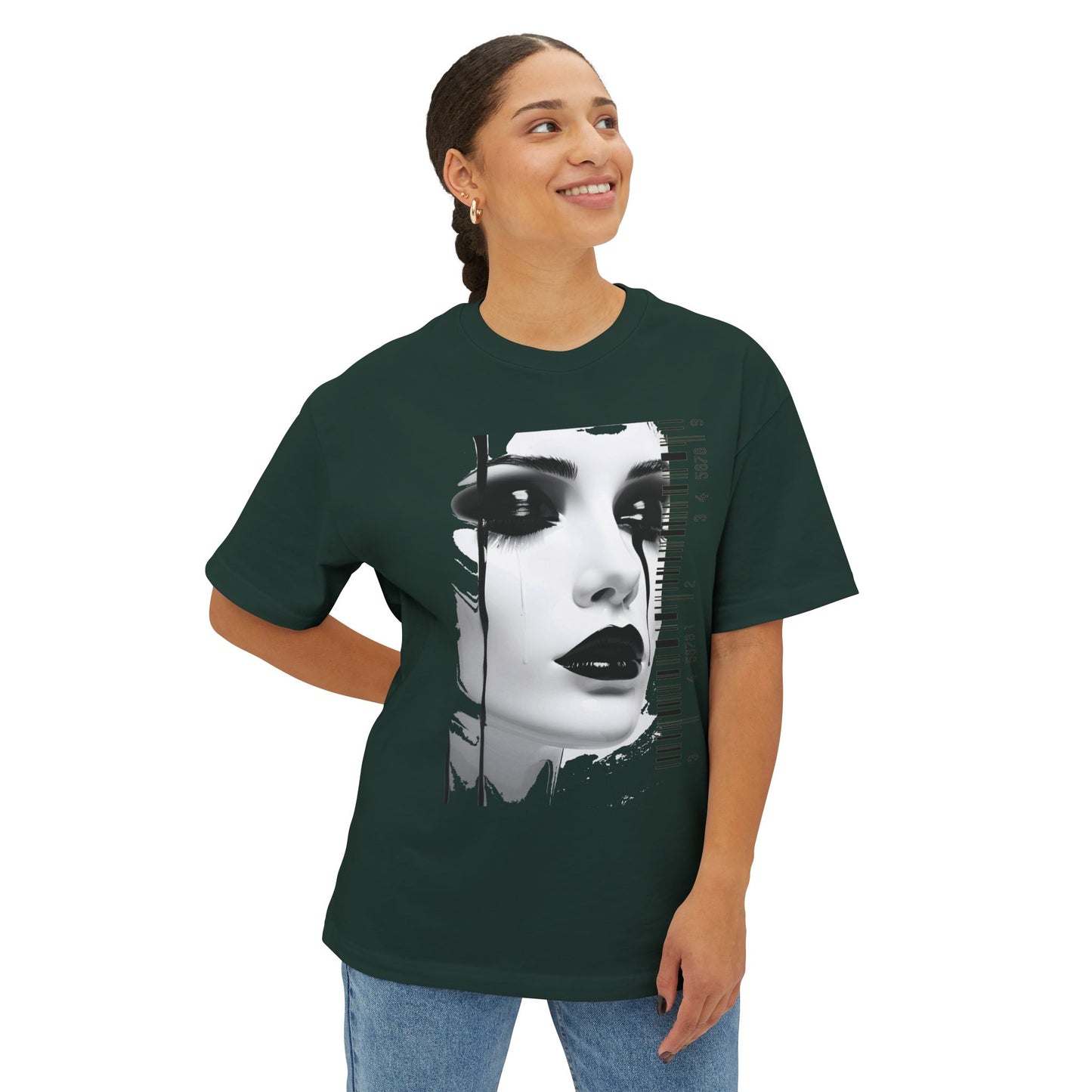 Chic Art Print Boxy Tee, Oversized Graphic T-Shirt, Fashionable Streetwear Top, Unique Women’s Cotton Tee, Casual Everyday Wear