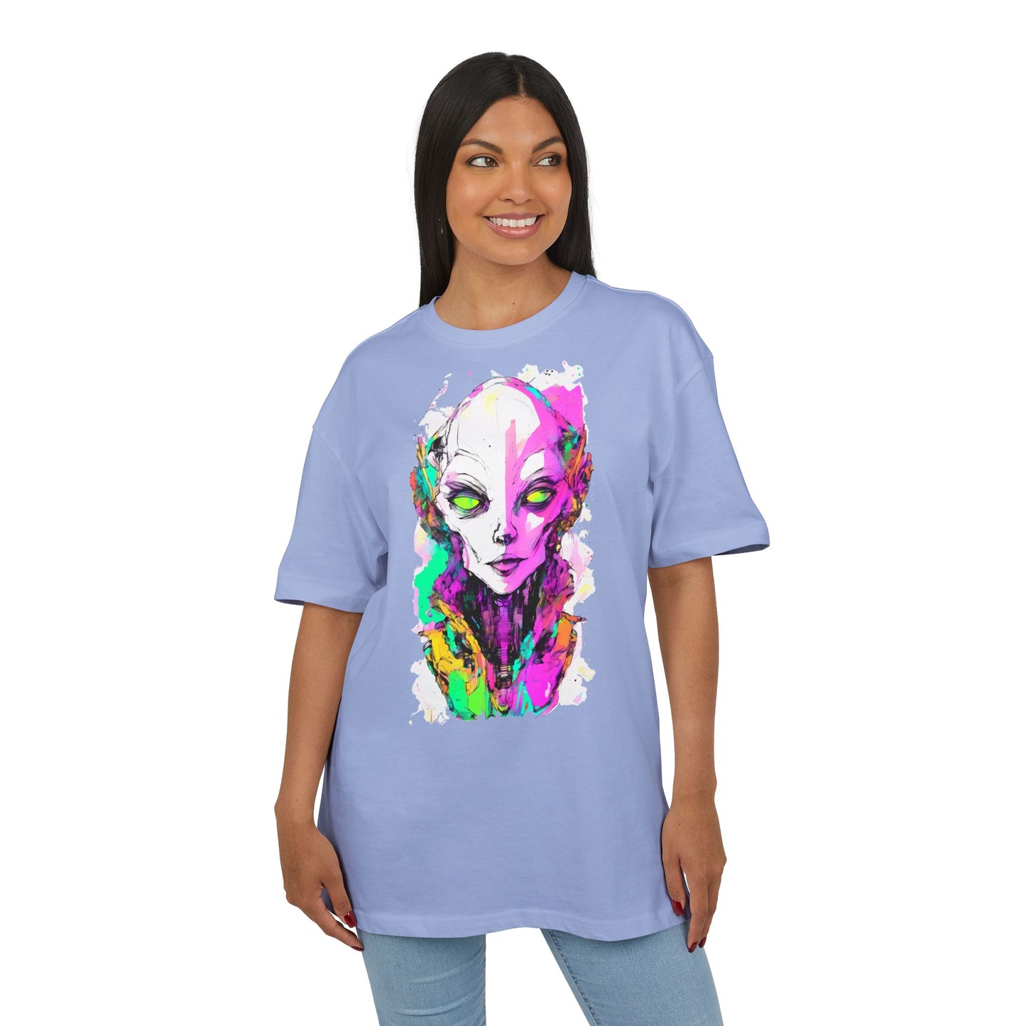 Colorful Alien Graphic Unisex Heavy Oversize Tee | Casual Streetwear, Gift for UFO Enthusiasts, Statement Tee, Festival Wear, Unique Art Tee