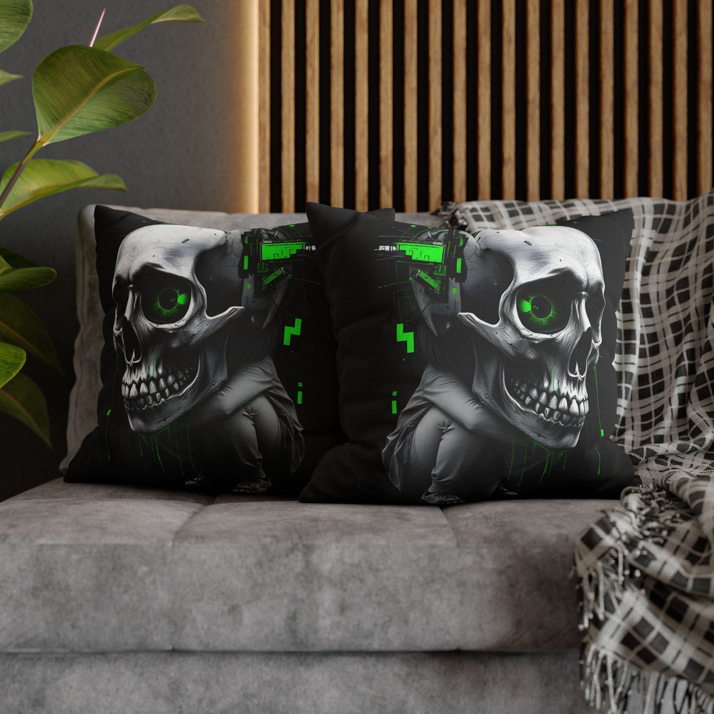 Edgy Skull Pillowcase | Gaming Decor, Modern Home Accent, Halloween Gift, Unique Couch Pillow, Cyberpunk Style