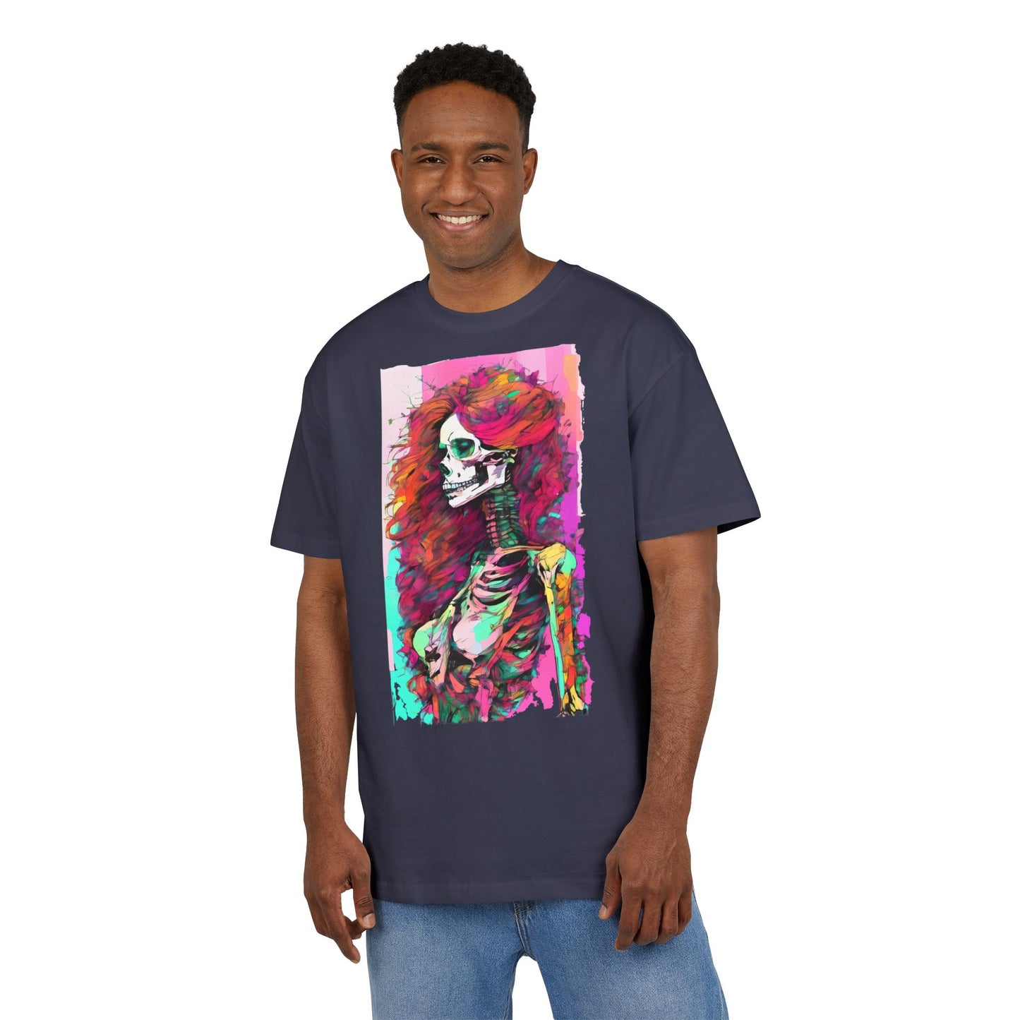 Vibrant Skeleton Art Unisex Heavy Oversize Tee, Halloween Shirt, Statement Tee, Graphic Tee, Casual Wear, Gift