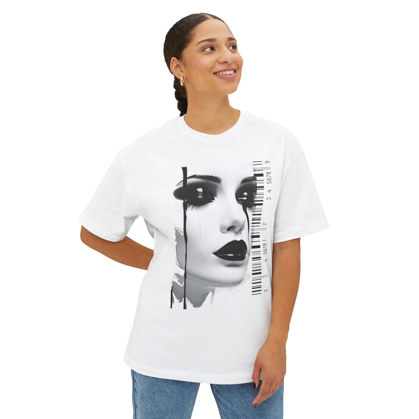 Chic Art Print Boxy Tee, Oversized Graphic T-Shirt, Fashionable Streetwear Top, Unique Women’s Cotton Tee, Casual Everyday Wear