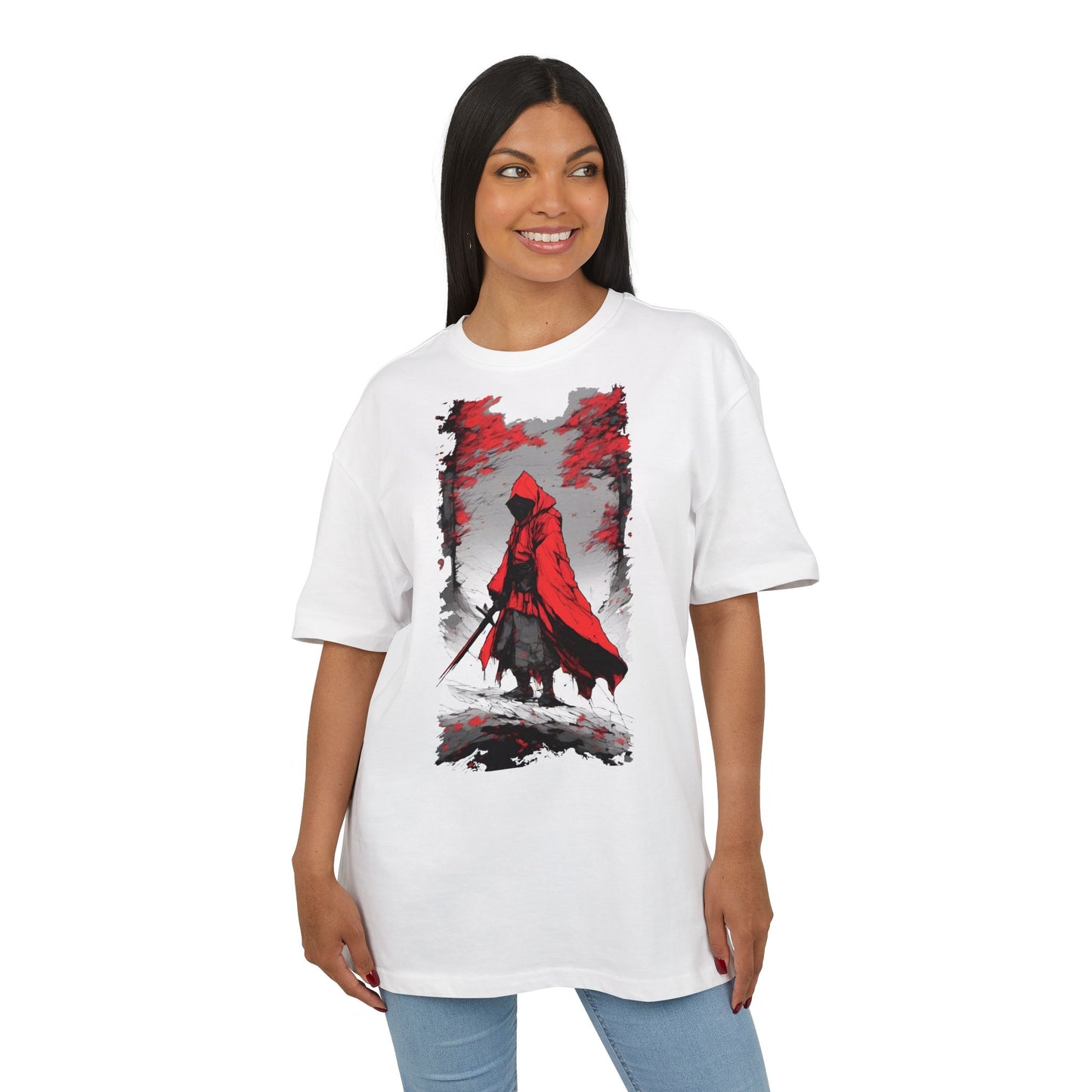 Stylish Unisex Heavy Oversize Tee - Red Hooded Figure Design, Graphic Tee, Casual Wear, Streetwear, Gifts for Men and Women