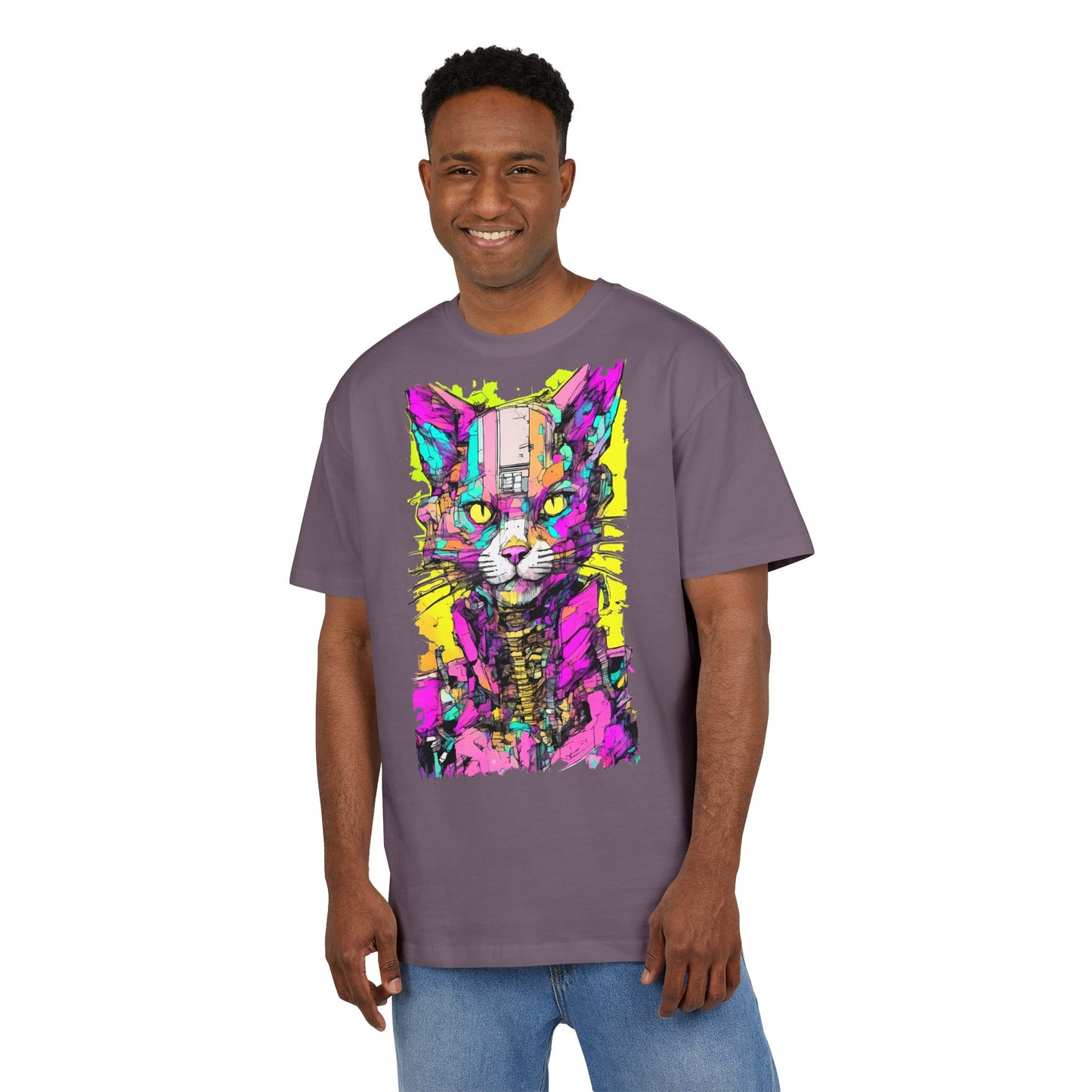 Colorful Cat Graphic Tee, Unisex Heavy Oversize T-Shirt, Funky Cat Art Shirt, Gift for Cat Lovers, Unique Casual Wear