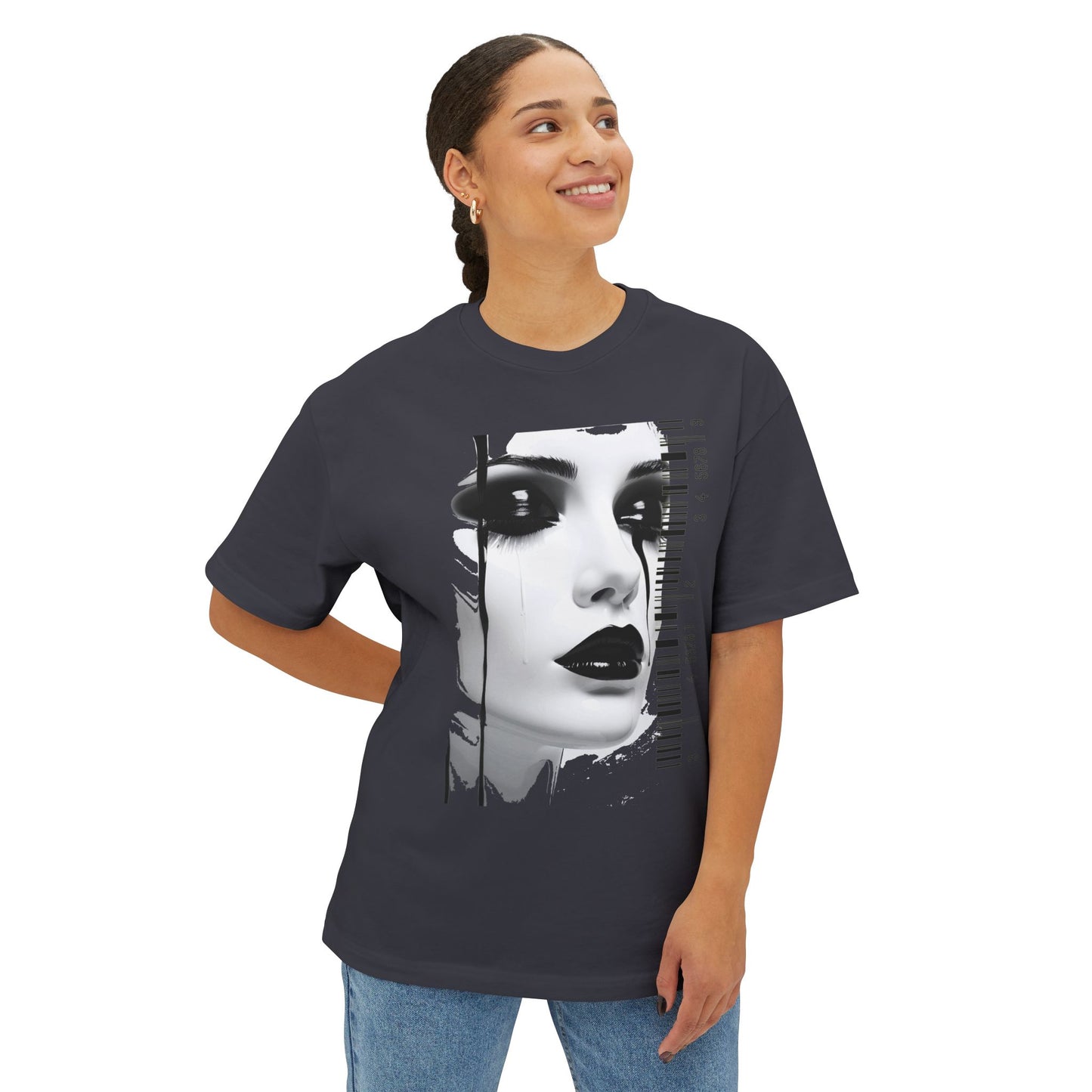 Chic Art Print Boxy Tee, Oversized Graphic T-Shirt, Fashionable Streetwear Top, Unique Women’s Cotton Tee, Casual Everyday Wear