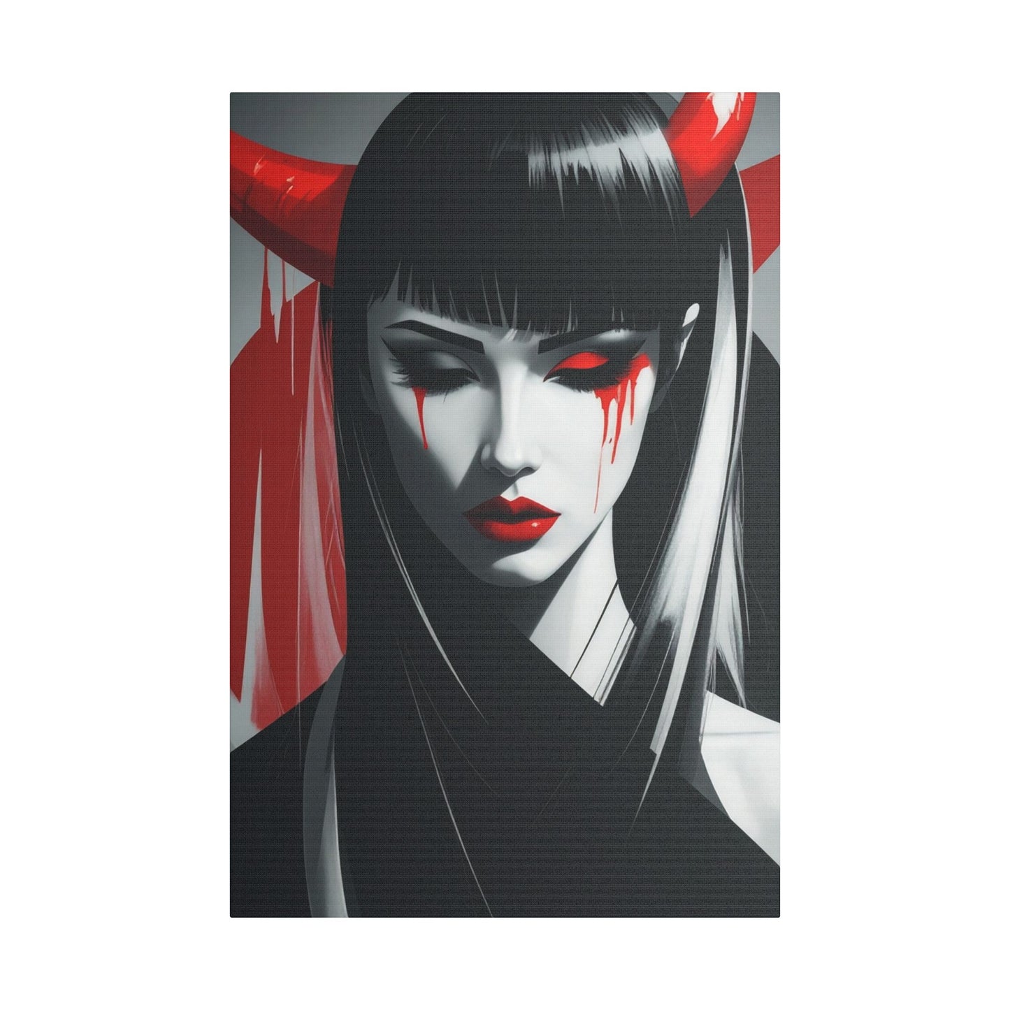 Japanese Art Canvas, Stretched Wall Art, Modern Home Decor, Red and Black Portrait, Unique Gift for Art Lovers, Asian Aesthetic