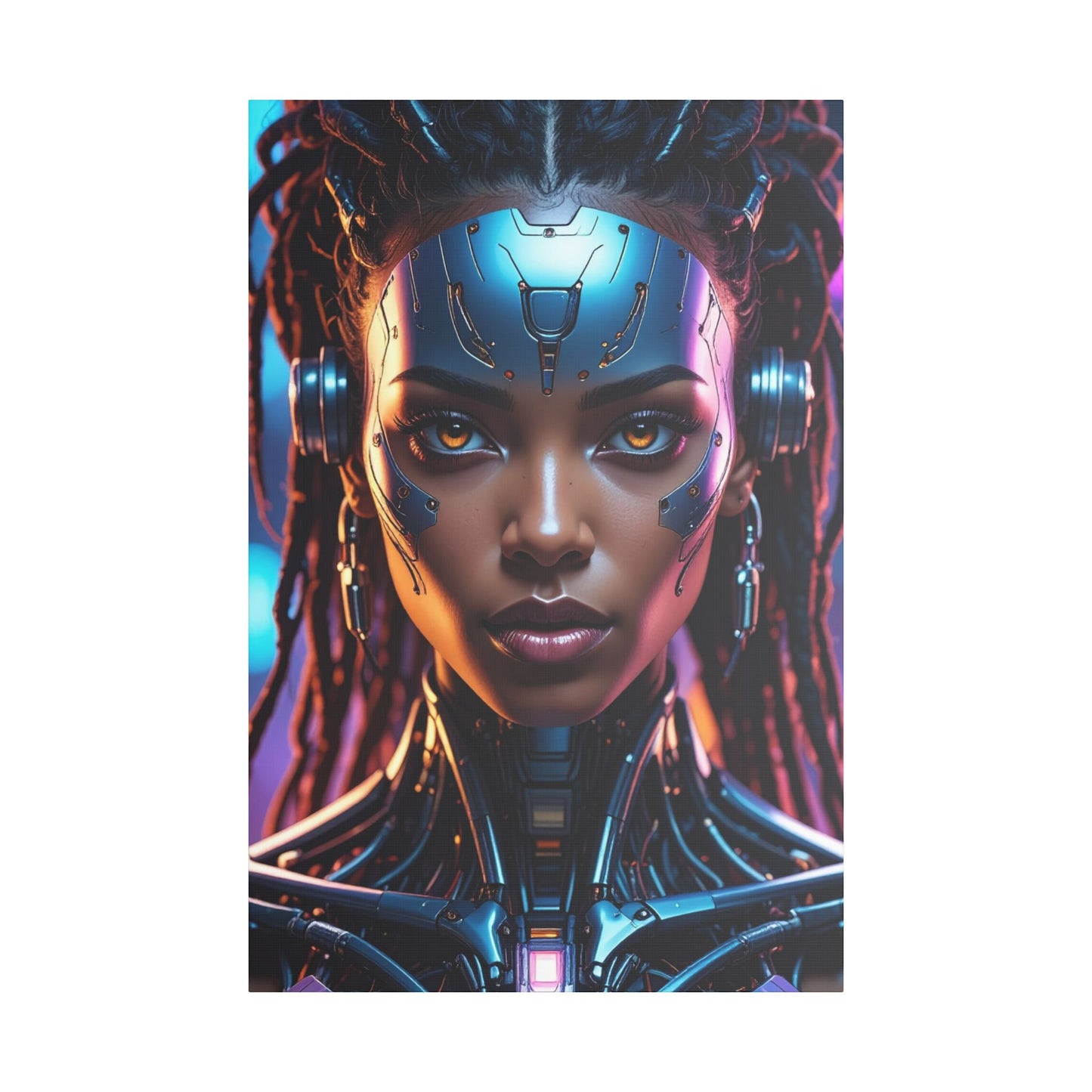 Satin Canvas Wall Art, Futuristic Female Portrait, Sci-Fi Decor, Cyberpunk Artwork, Geek Home Decor, Gift for Tech Lovers