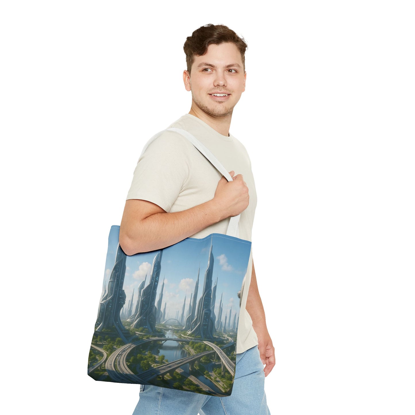 Futuristic Cityscape Tote Bag, Eco-Friendly Bag, Art Print Tote, Unique Shoulder Bag, Travel Tote, Stylish Shopping Bag, Gift for Her