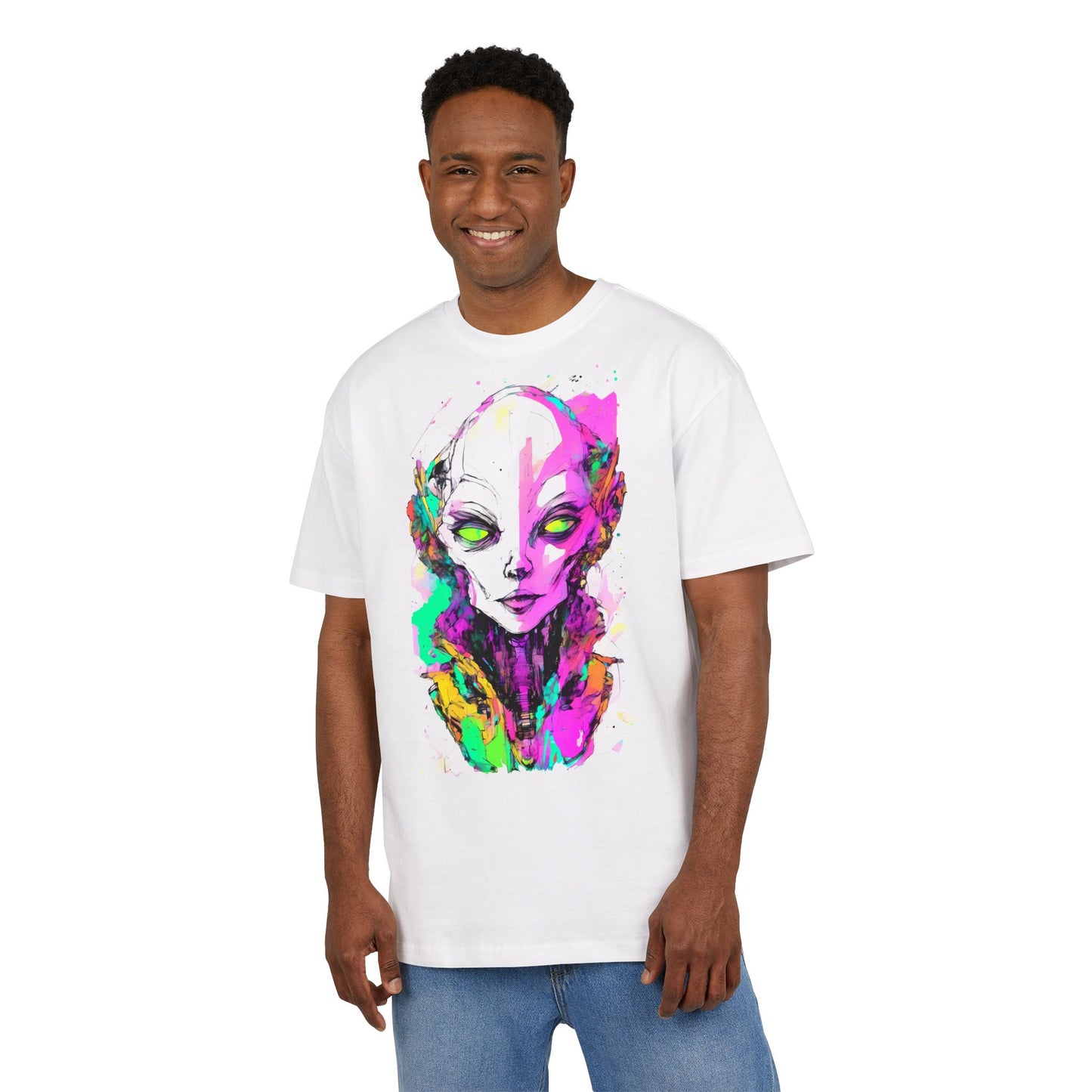 Colorful Alien Graphic Unisex Heavy Oversize Tee | Casual Streetwear, Gift for UFO Enthusiasts, Statement Tee, Festival Wear, Unique Art Tee
