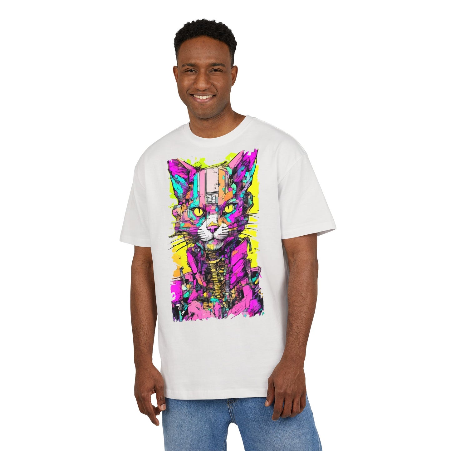 Colorful Cat Graphic Tee, Unisex Heavy Oversize T-Shirt, Funky Cat Art Shirt, Gift for Cat Lovers, Unique Casual Wear