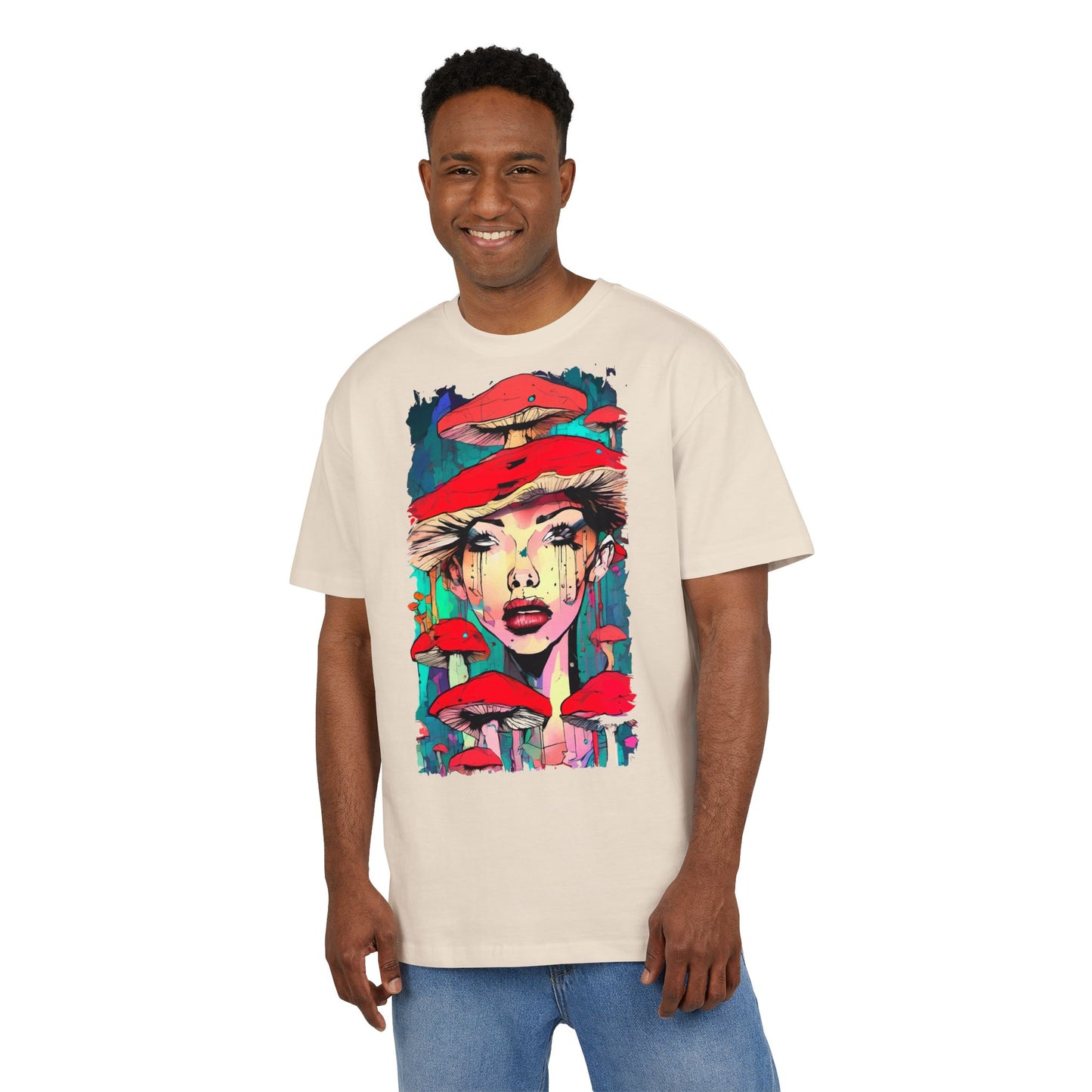 Colorful Art Tee, Unisex Heavy Oversize Tee with Mushroom Design, Casual Wear, Graphic Shirt, Gift for Art Lovers, Streetwear Style
