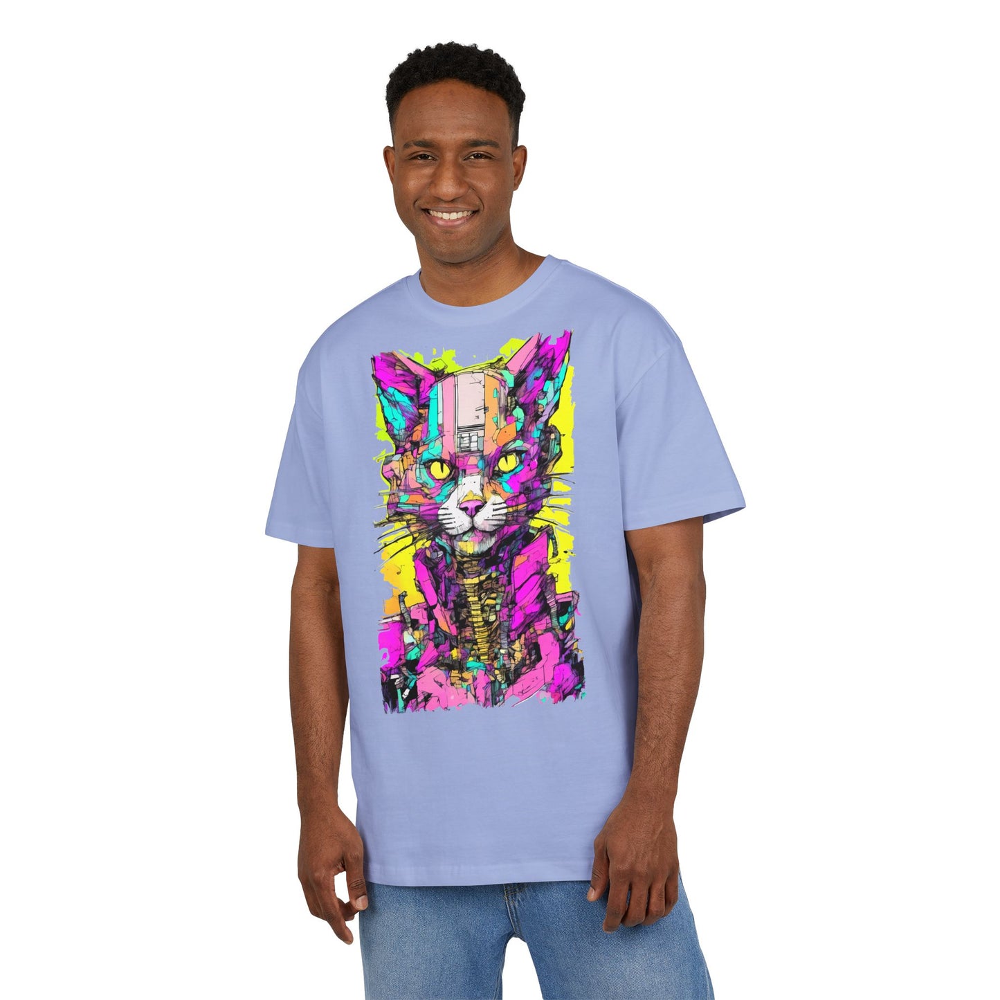 Colorful Cat Graphic Tee, Unisex Heavy Oversize T-Shirt, Funky Cat Art Shirt, Gift for Cat Lovers, Unique Casual Wear