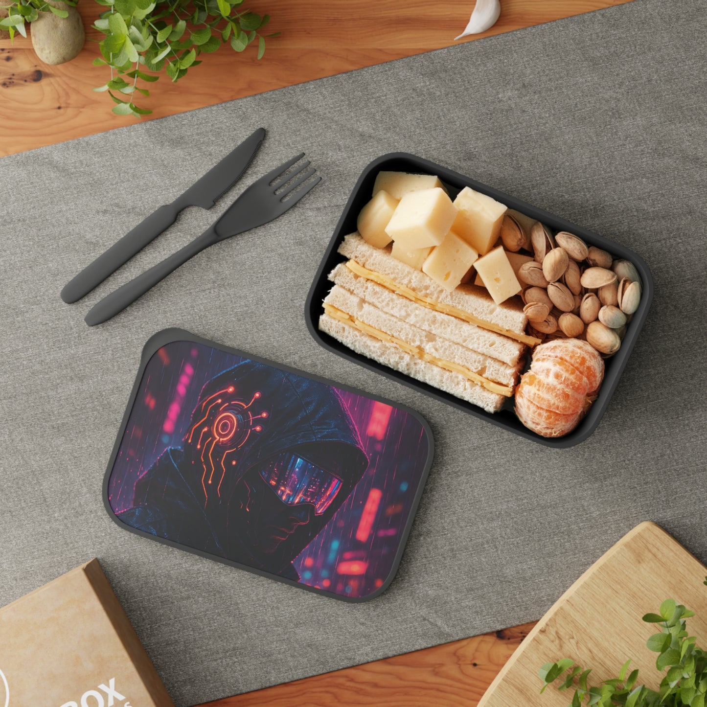 Cyberpunk Themed Bento Box with Utensils | Stylish Meal Prep Container, Futuristic Lunch Box, Unique Gift for Food Lovers