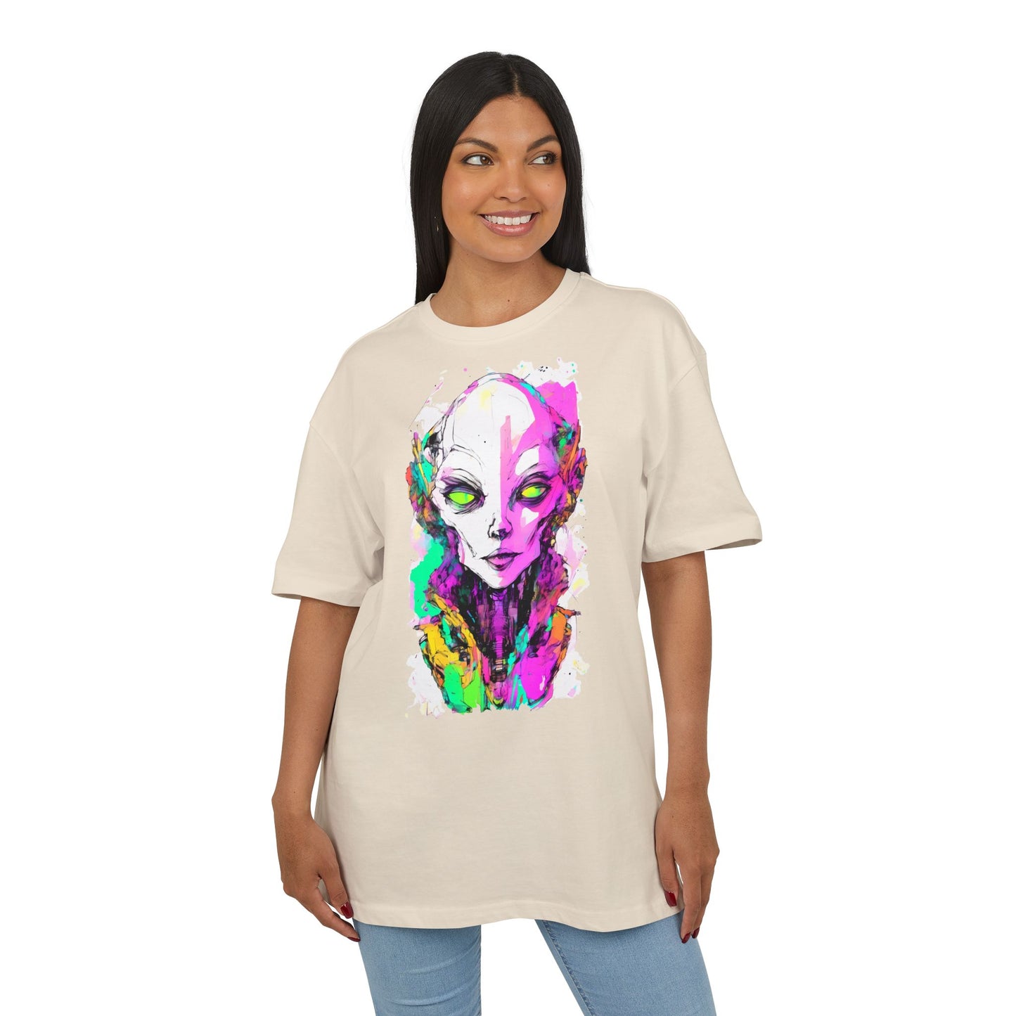 Colorful Alien Graphic Unisex Heavy Oversize Tee | Casual Streetwear, Gift for UFO Enthusiasts, Statement Tee, Festival Wear, Unique Art Tee