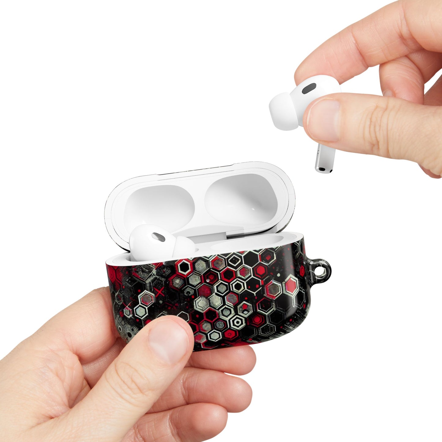 Hexagonal Red & Black AirPod Case | Trendy Tech Accessory, Unique Gifts for Music Lovers, Stylish Earbud Protection