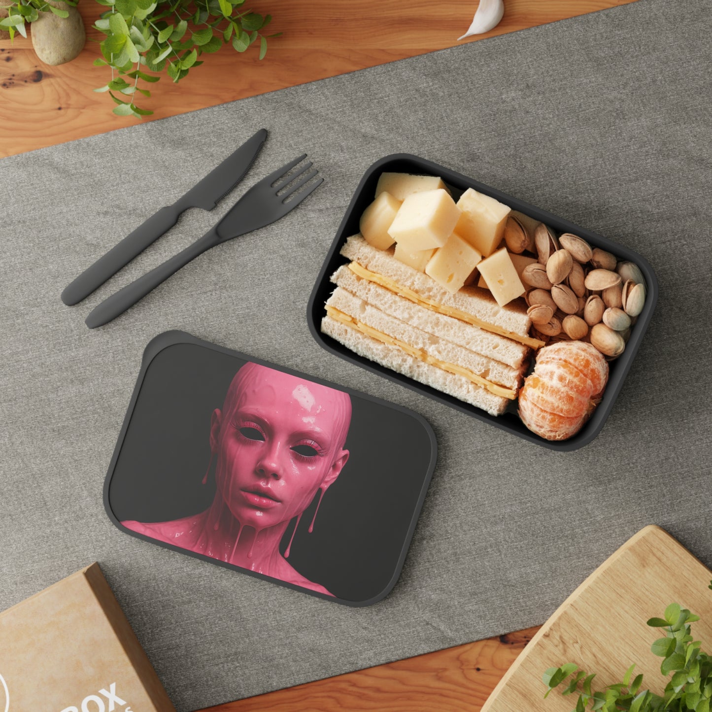 Artistic Bento Box with Utensils, Unique Food Storage, Pink Design, Eco-Friendly Lunch Container, Gift for Foodies