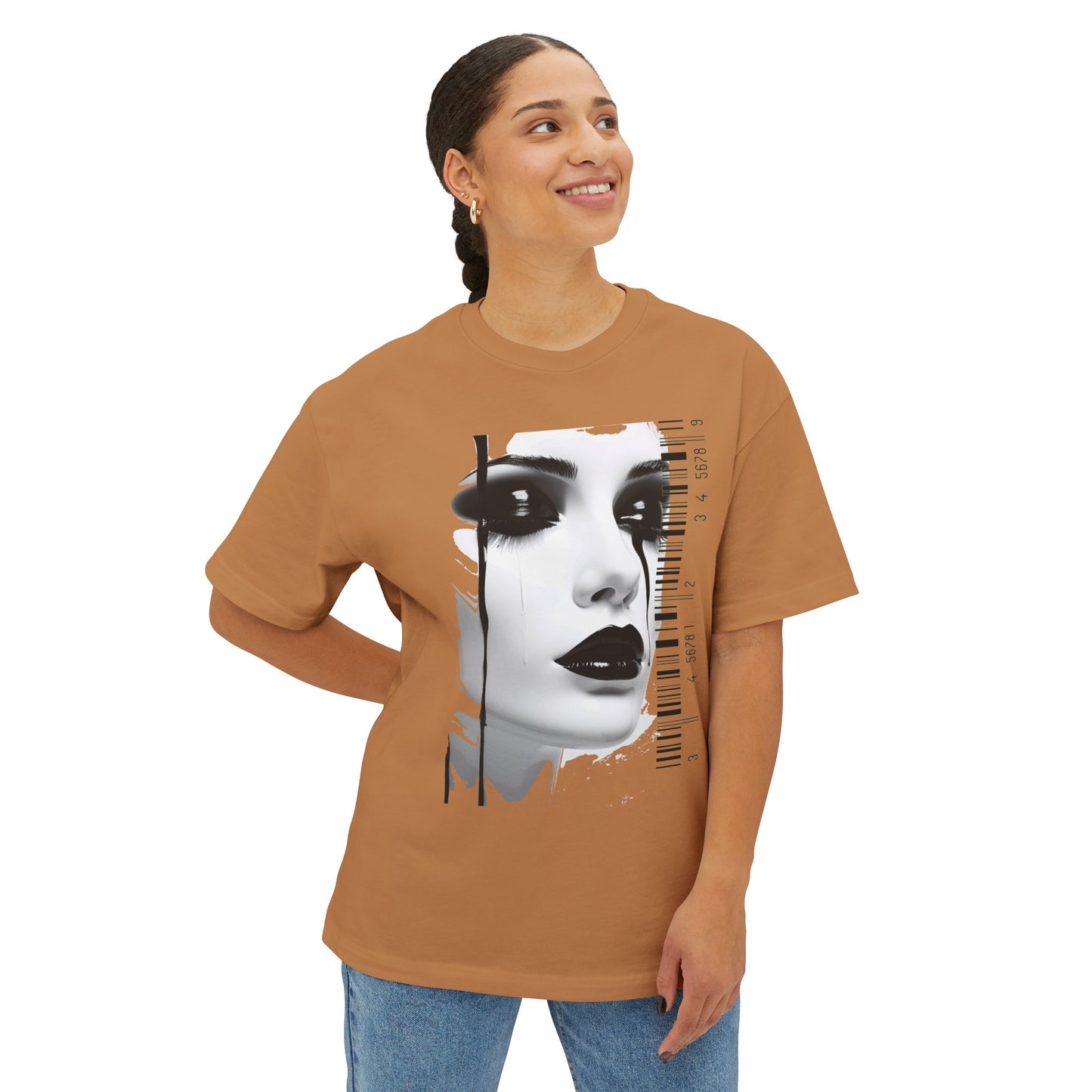 Chic Art Print Boxy Tee, Oversized Graphic T-Shirt, Fashionable Streetwear Top, Unique Women’s Cotton Tee, Casual Everyday Wear