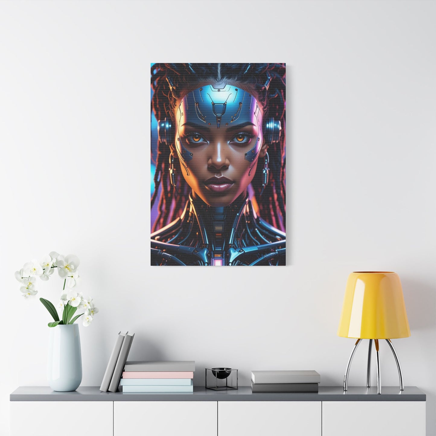 Satin Canvas Wall Art, Futuristic Female Portrait, Sci-Fi Decor, Cyberpunk Artwork, Geek Home Decor, Gift for Tech Lovers