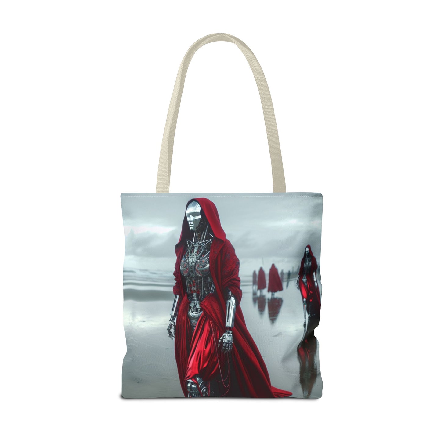 Futuristic Red Hooded Tote Bag, Eco-Friendly Shopping Tote, Stylish Reusable Bag, Perfect for Gifts, Fashion Statement