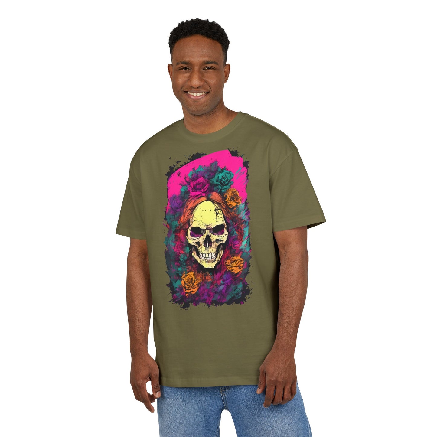 Skull Floral Oversize Tee - Graphic T-Shirt for Halloween, Festival Wear, Unisex Casual, Unique Gift